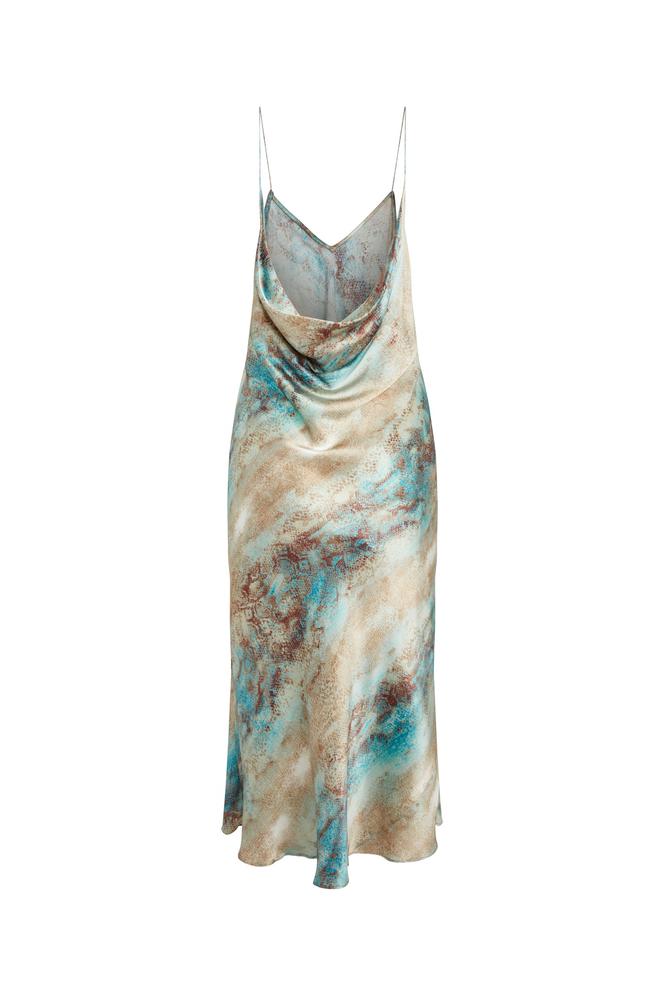 A back view of Celeste cowl back slip dress with thin spaghetti straps - Aqua Snake by Catherine Gee. The dress has a fluid, abstract pattern in shades of turquoise, beige, and brown, creating a marbled effect. The fabric appears silky and lightweight, giving it an elegant and flowing appearance.