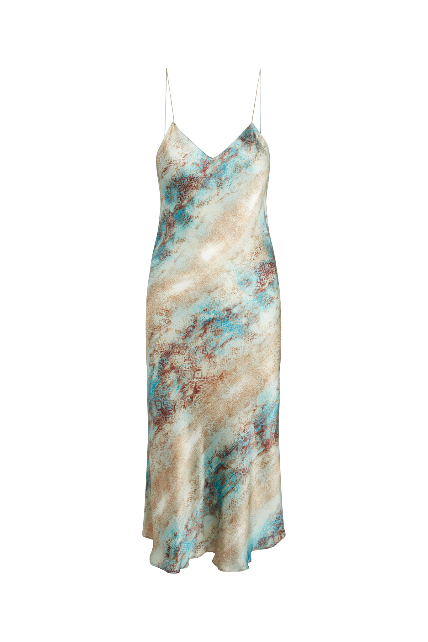 A Celeste cowl back slip dress with thin spaghetti straps - Aqua Snake by Catherine Gee features a watercolor-like pattern in shades of turquoise, beige, and brown. The fabric appears to be lightweight and flowy, making it suitable for warm weather or a casual outing.