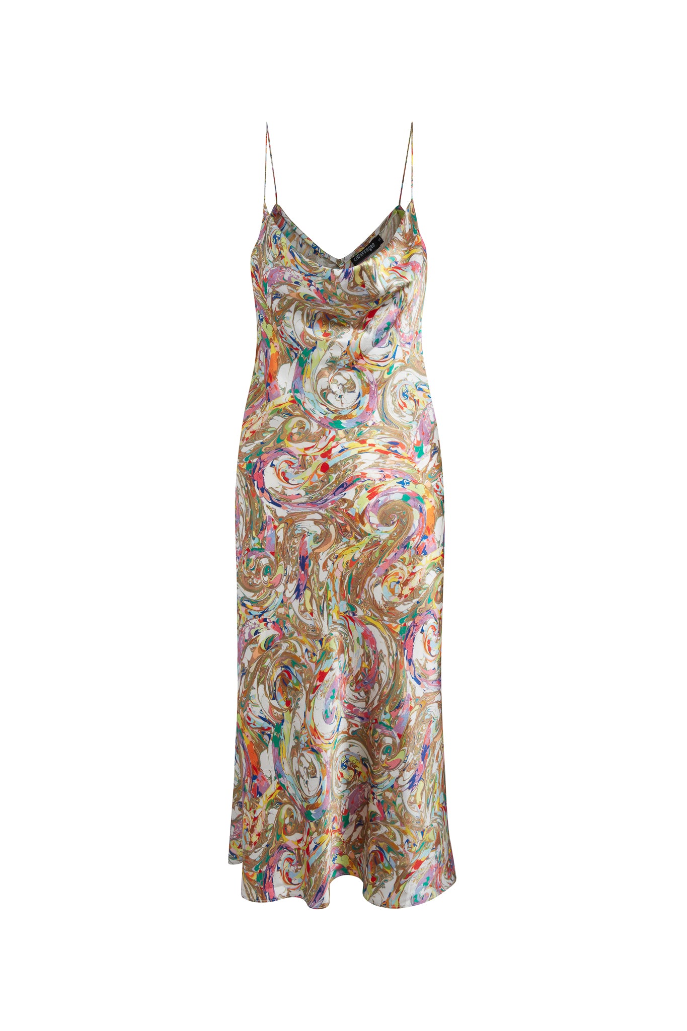 A back view of Catherine Catherine Gee paint swirl - Celeste cowl back slip dress featuring a vibrant paint swirl pattern. The dress has thin spaghetti straps and a cowl neckline, with a fitted silhouette that falls to a midi length.