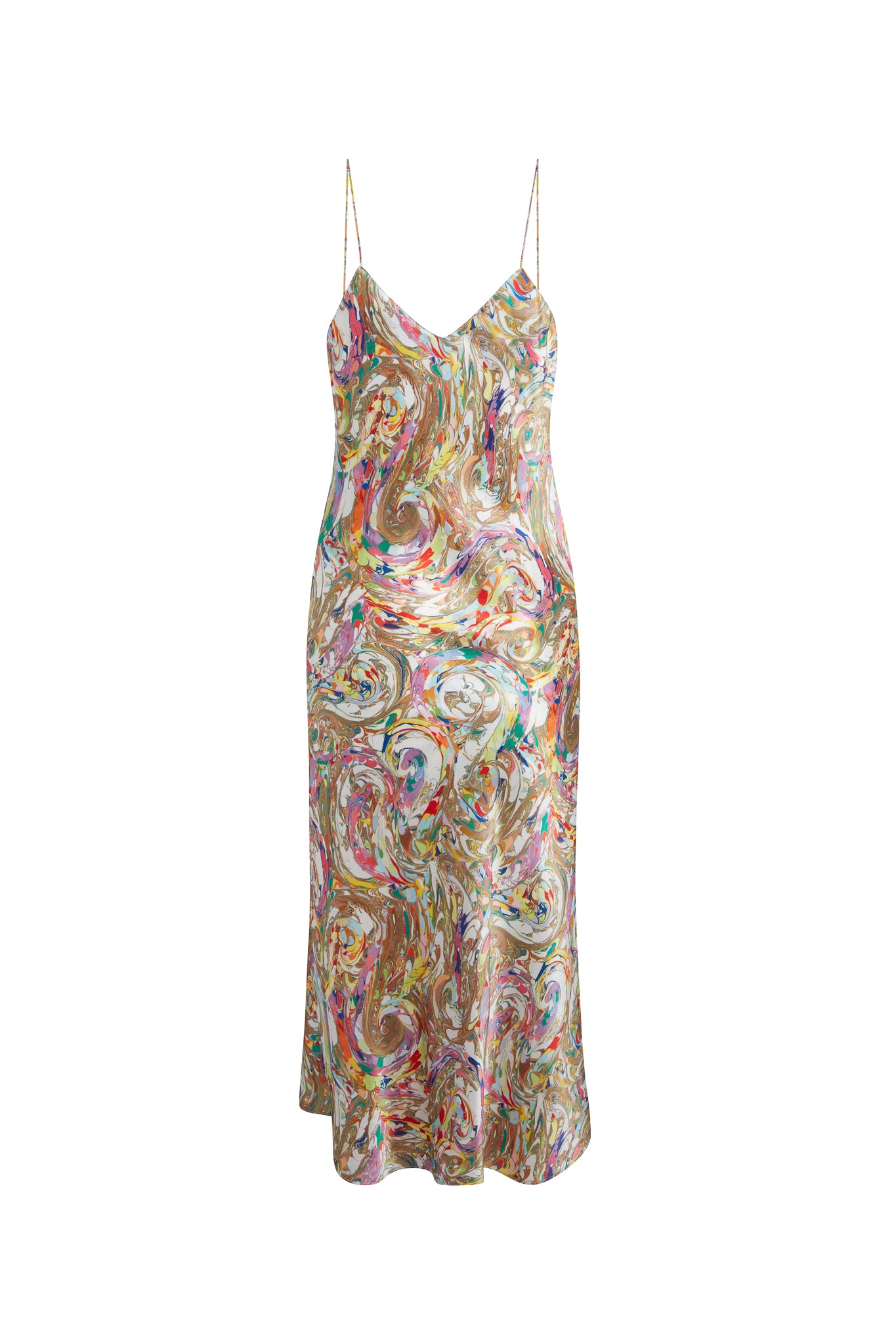 A Catherine Gee paint swirl - Celeste cowl back slip dress featuring thin spaghetti straps and a cowl neckline, with a flowing, elegant silhouette that falls to mid-calf length. The colorful design includes swirls of pink, green, gold, and white, creating a dynamic and artistic look.