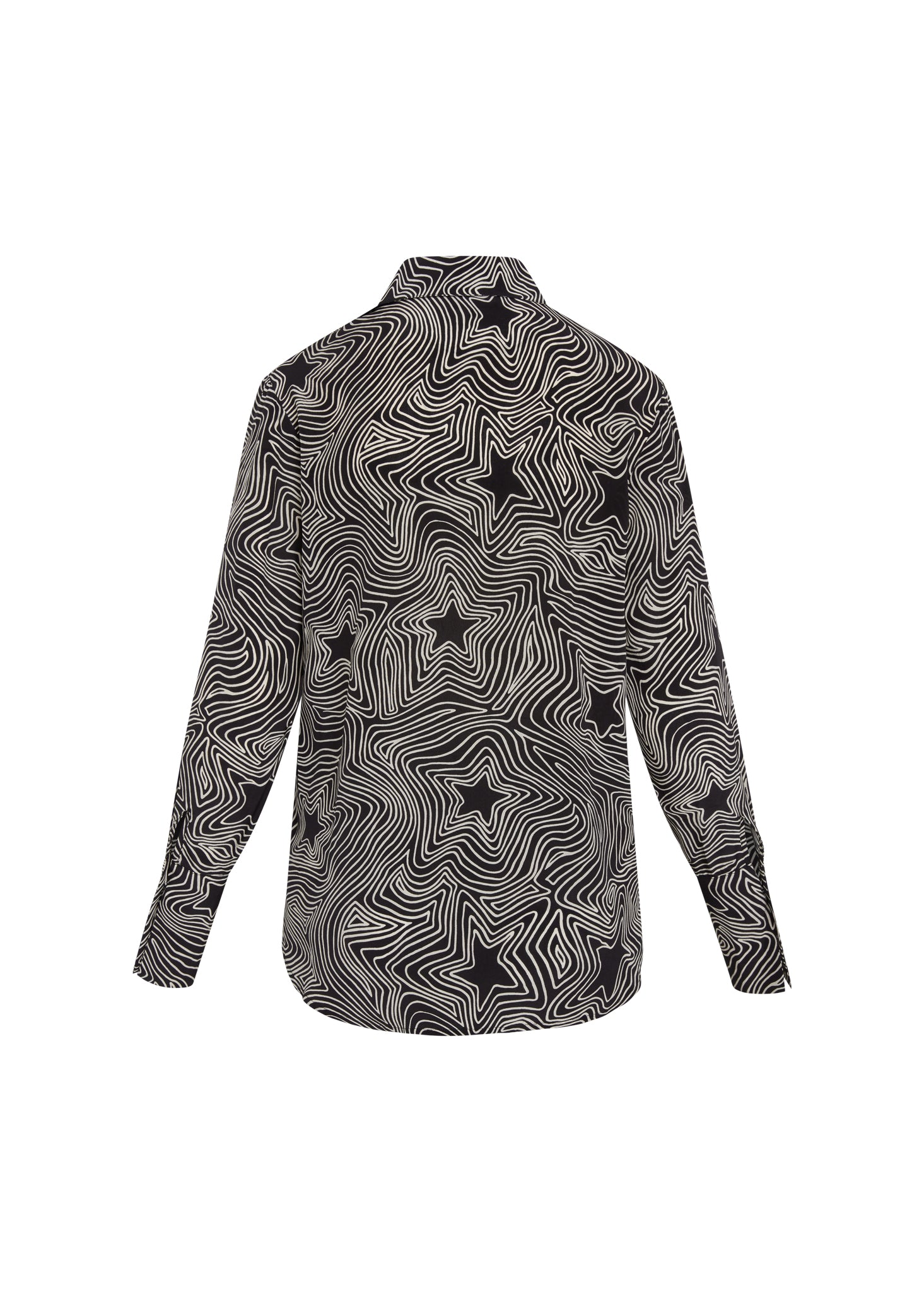 Back view of a Catherine Gee Daria French Cuff Silk Blouse Bowie Star featuring a black and white Bowie Star pattern. The blouse has long sleeves and a collar, with a design of wavy lines and star shapes creating a dynamic and eye-catching effect.