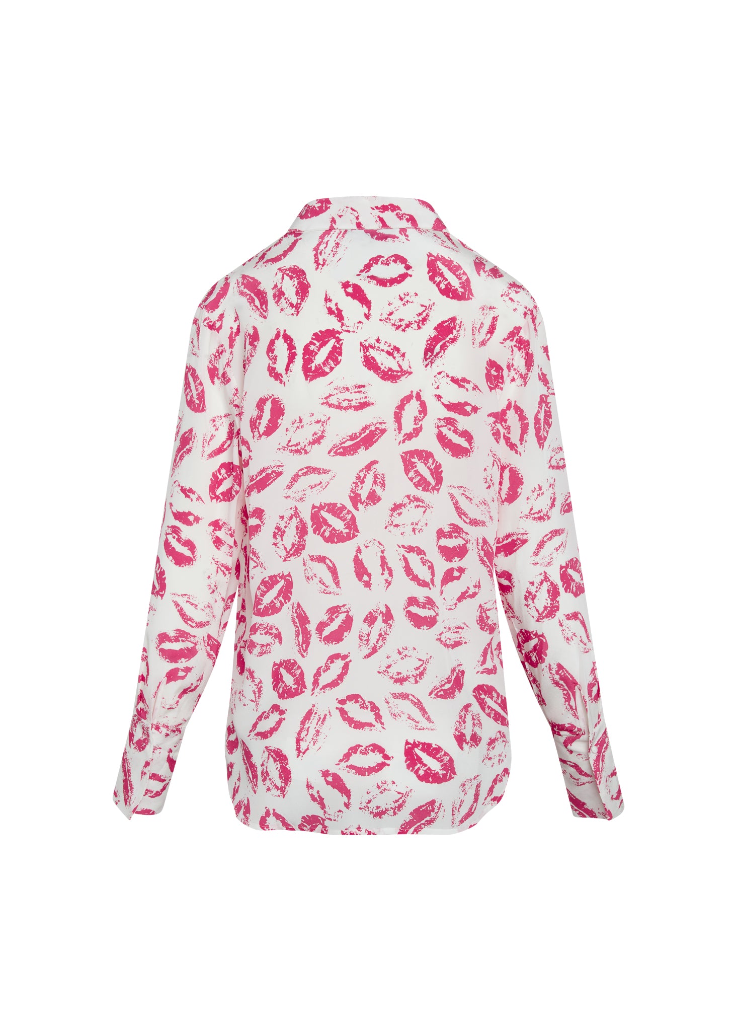 A back view of a Catherine Gee Daria French Cuff Silk-Hot Pink Lips blouse featuring a hot pink lips print, long sleeves, and a classic collar on a white background.