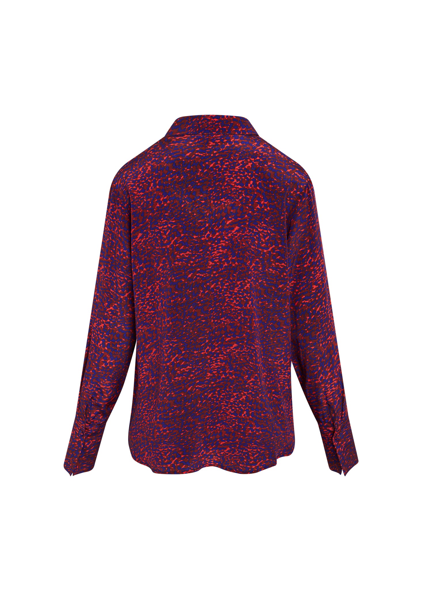 Back-view of a Catherine Gee Daria French Cuff Silk Milan Print blouse features a vibrant pattern with a mix of red and purple colors, long sleeves, and a classic collar. The fabric appears to be smooth and silky, highlighting the luxurious material.