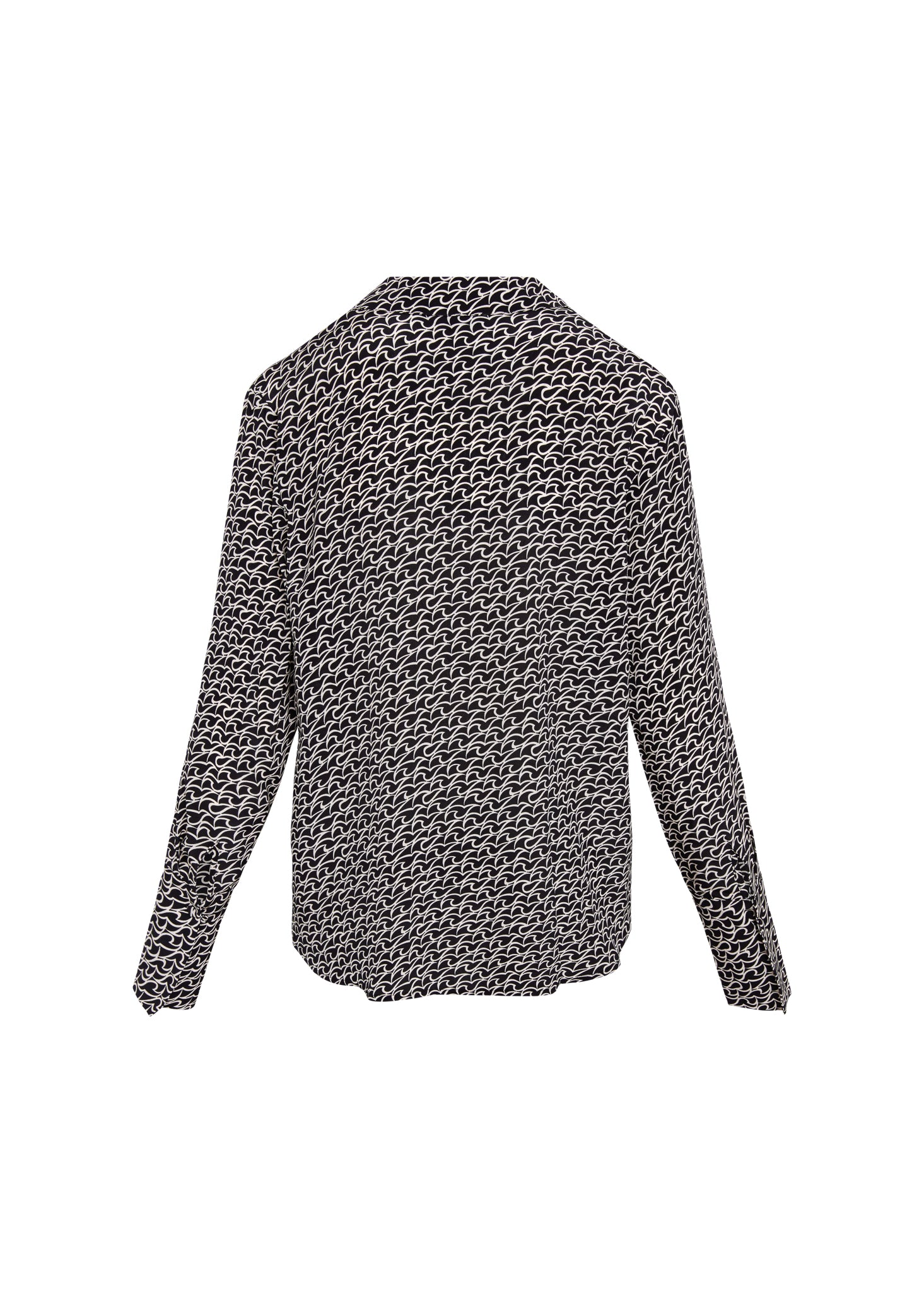 Back-view of a Catherine Gee Daria French Cuff Silk-Florence Print blouse features a black and white intricate pattern with long sleeves and a relaxed fit.