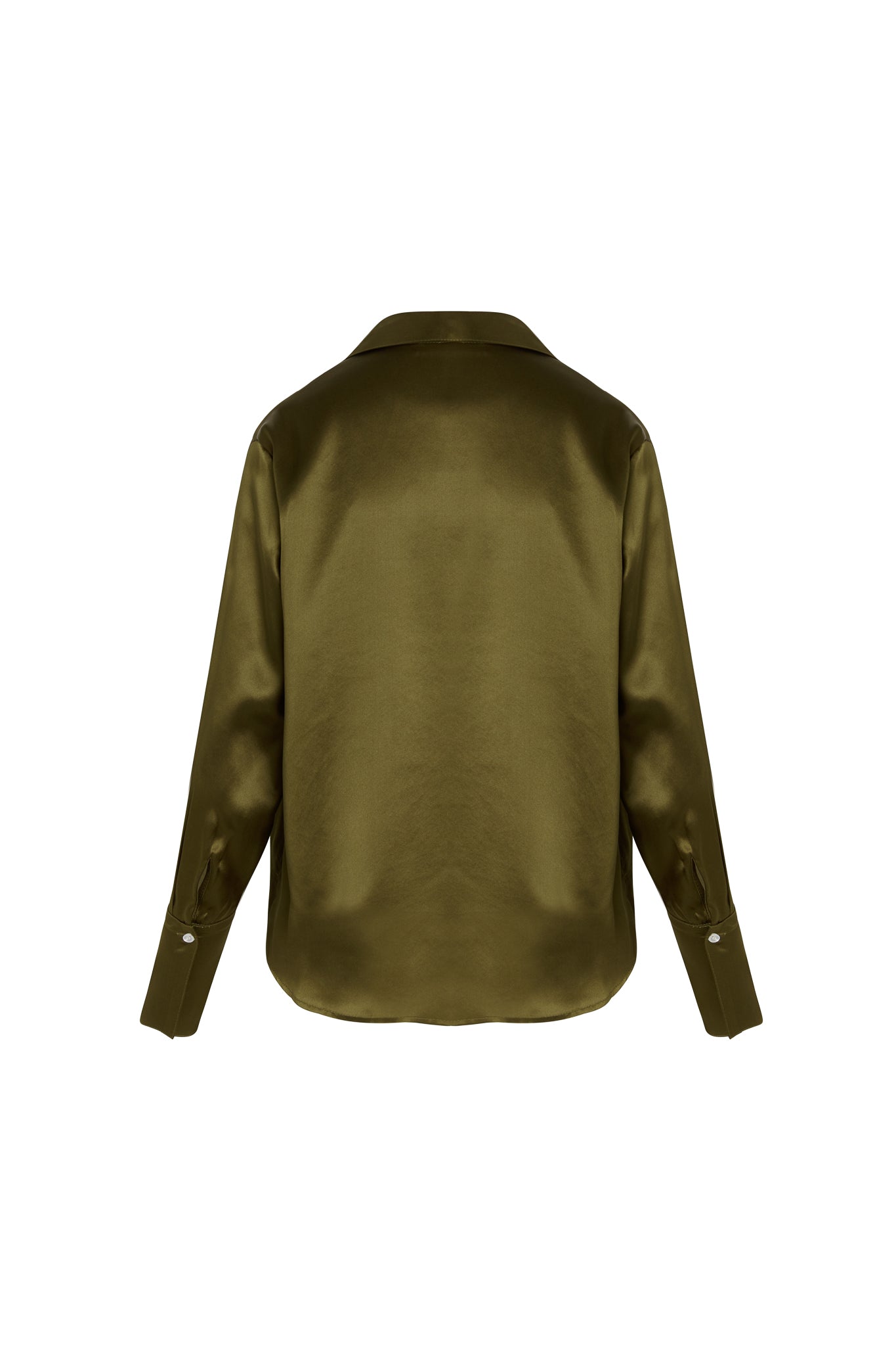 Back view of a Catherine Gee Daria French Cuff Silk Blouse Army Green. The blouse features a smooth, shiny silk fabric with long sleeves and French cuffs, each adorned with a single button. The design is simple and elegant, showcasing the luxurious texture and rich color of the silk material.