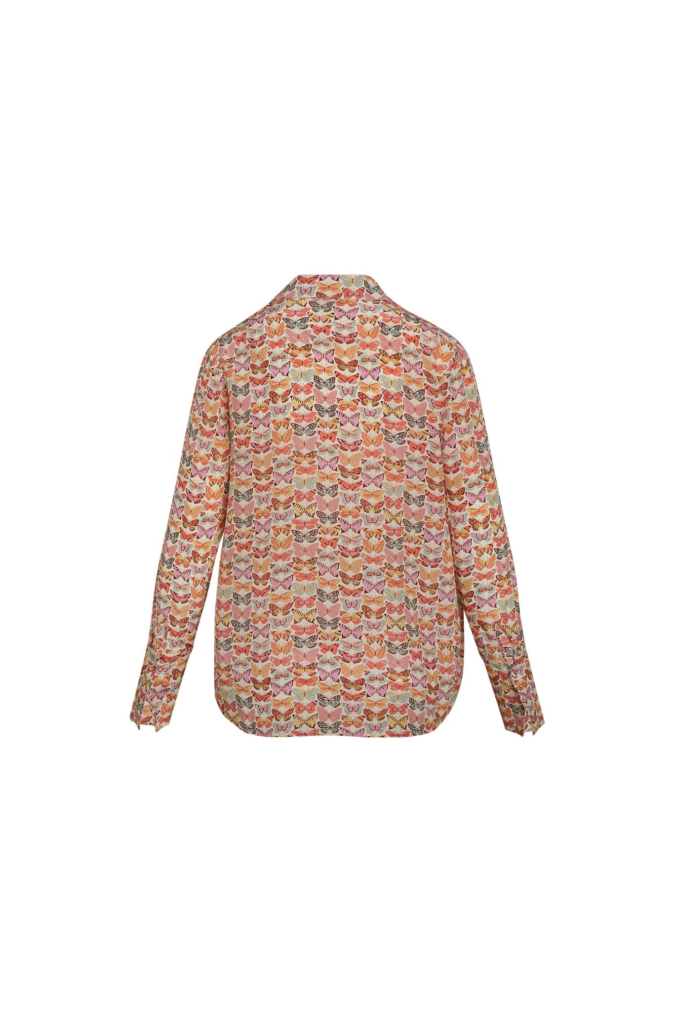 Back-view of a Catherine Gee Daria French Cuff Silk Blouse Classic Butterfly. The blouse features a colorful butterfly pattern in shades of pink, orange, bluish-gray, and yellow on a light background. It has long sleeves with French cuffs and a classic collar.