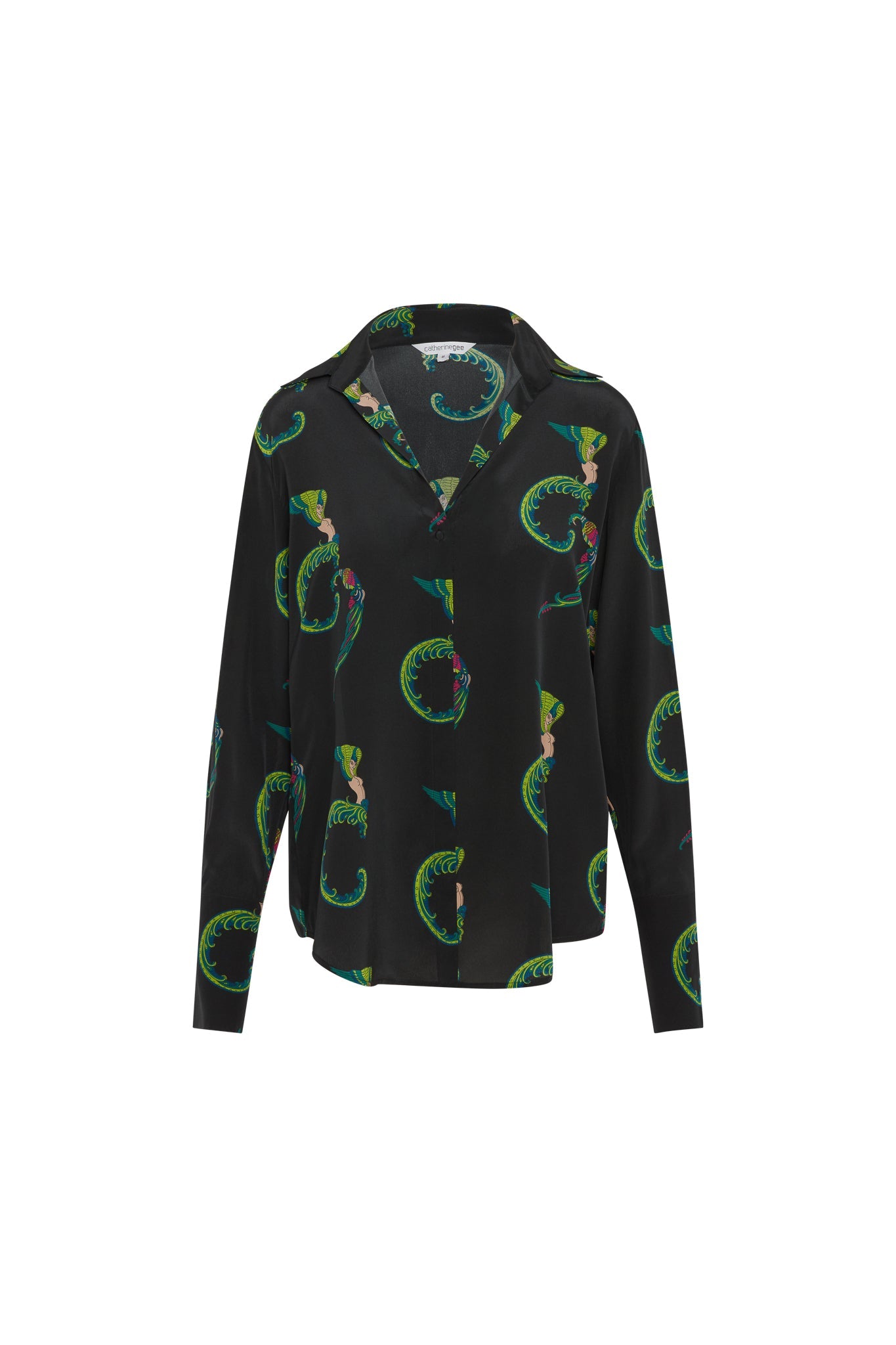 Catherine Gee Daria French Cuff Silk Blouse Egyptian Goddess. A black silk blouse with a vibrant pattern featuring Egyptian goddess motifs and green, blue, red, and pink colors swirling designs. The blouse has a classic collar and long sleeves with French cuffs. The design is both elegant and unique, making it a standout piece.