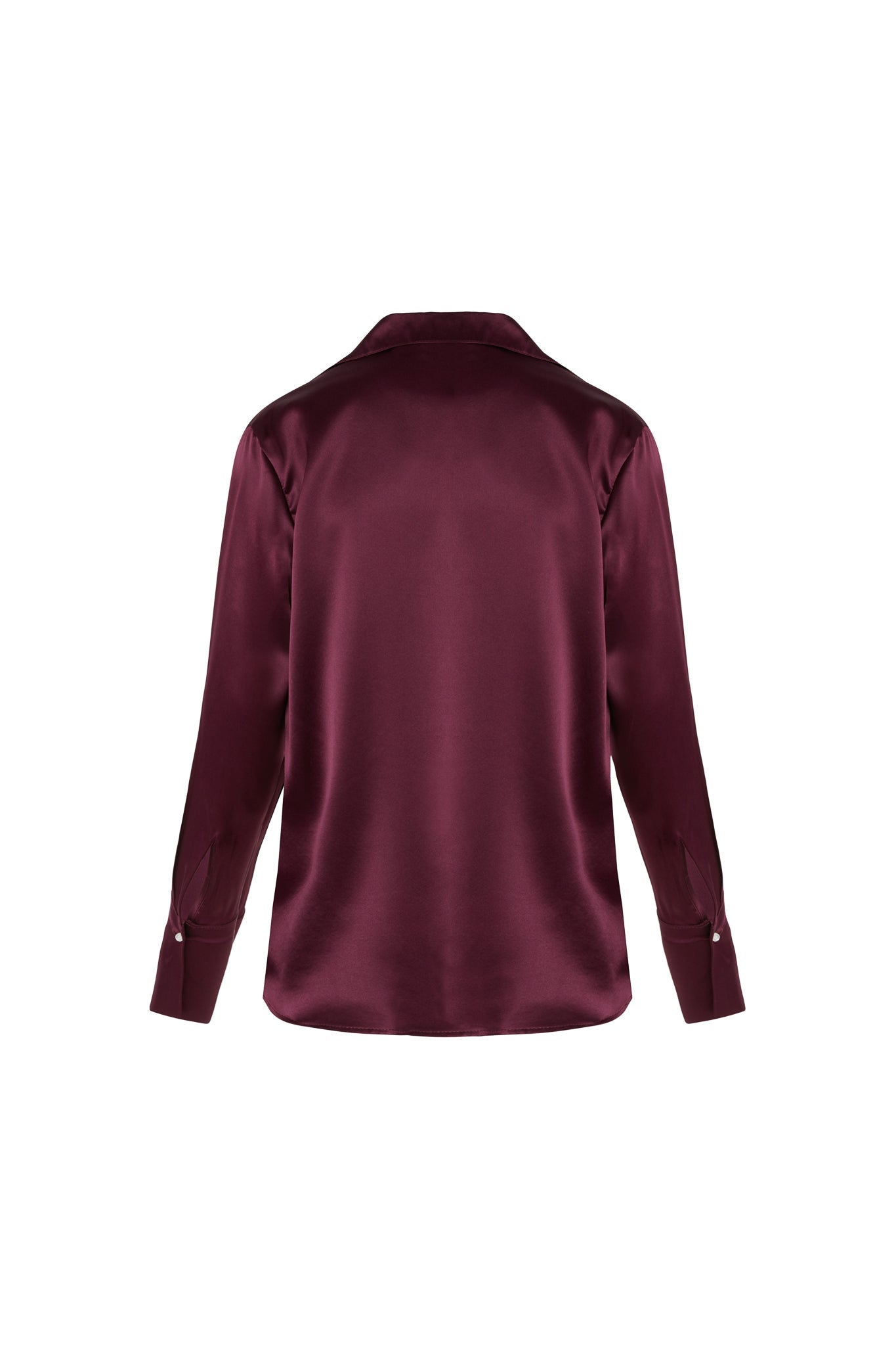 Back-view of the Catherine Gee Daria French Cuff Silk Wine Blouse. Made from luxurious silk in a rich wine color, the blouse features long sleeves with French cuffs and a classic collar. The fabric's smooth sheen adds to its elegant and sophisticated appearance and has a slightly curved hemline, ensuring a refined and polished look.