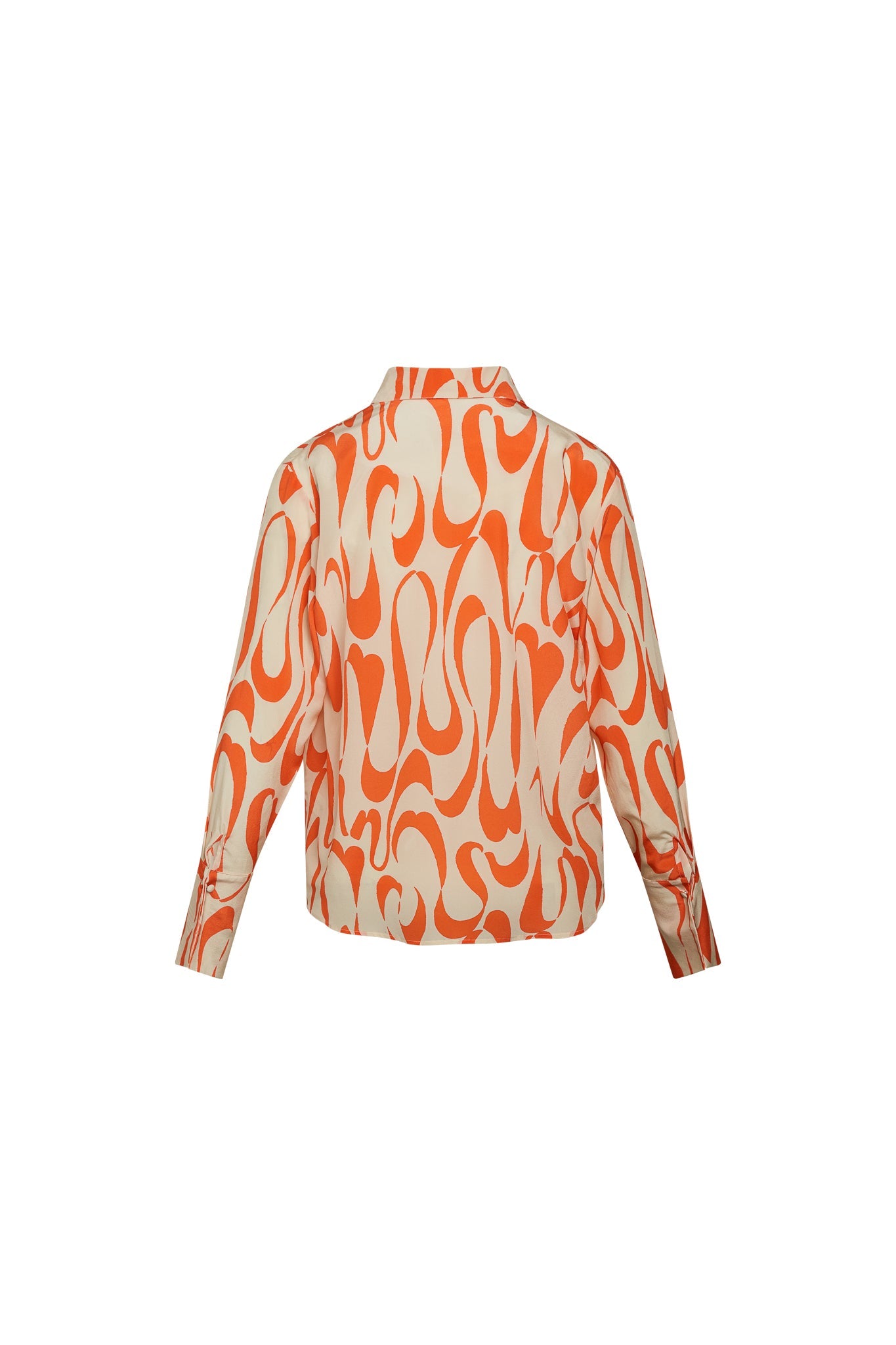 Back-view of a Catherine Gee Daria French Cuff Silk Valencia blouse features a vibrant, abstract pattern with swirling orange and cream colors. It has long sleeves with French cuffs and a classic collar. The design is eye-catching and elegant, making it a standout piece for a sophisticated wardrobe.