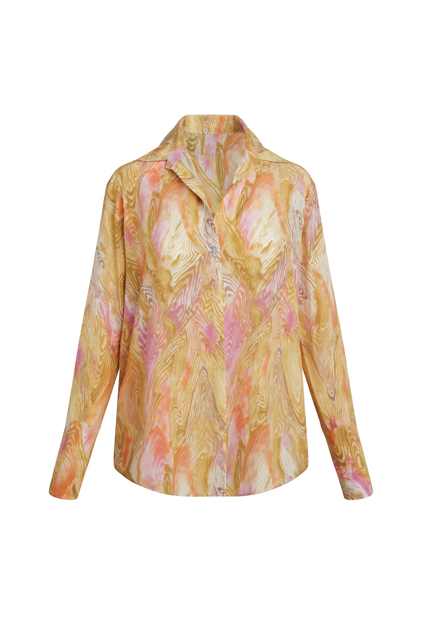 Catherine Gee Daria French Cuff Silk Topo Print blouse features a vibrant, abstract topo print with a mix of warm colors including shades of pink, yellow, and beige. It has a classic collar, long sleeves with French cuffs, and a button-down front. The silk fabric gives it a luxurious and smooth texture, making it an elegant and stylish choice for various occasions.