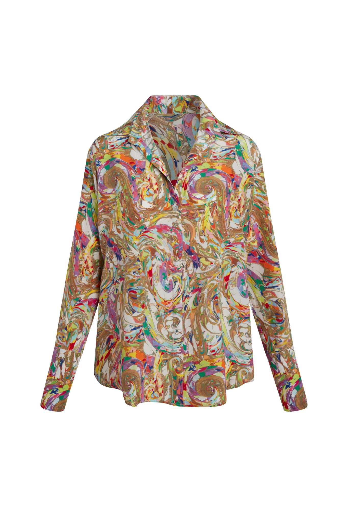 A Catherine Gee Daria French Cuff Silk Paint Swirl blouse showcases a vibrant and intricate paint swirl pattern with a mix of gold, red, purple, blue, and green. It has a classic collar, and long sleeves with French cuffs, and is made from luxurious silk. The abstract and artistic design makes this blouse a standout piece, perfect for making a bold fashion statement.