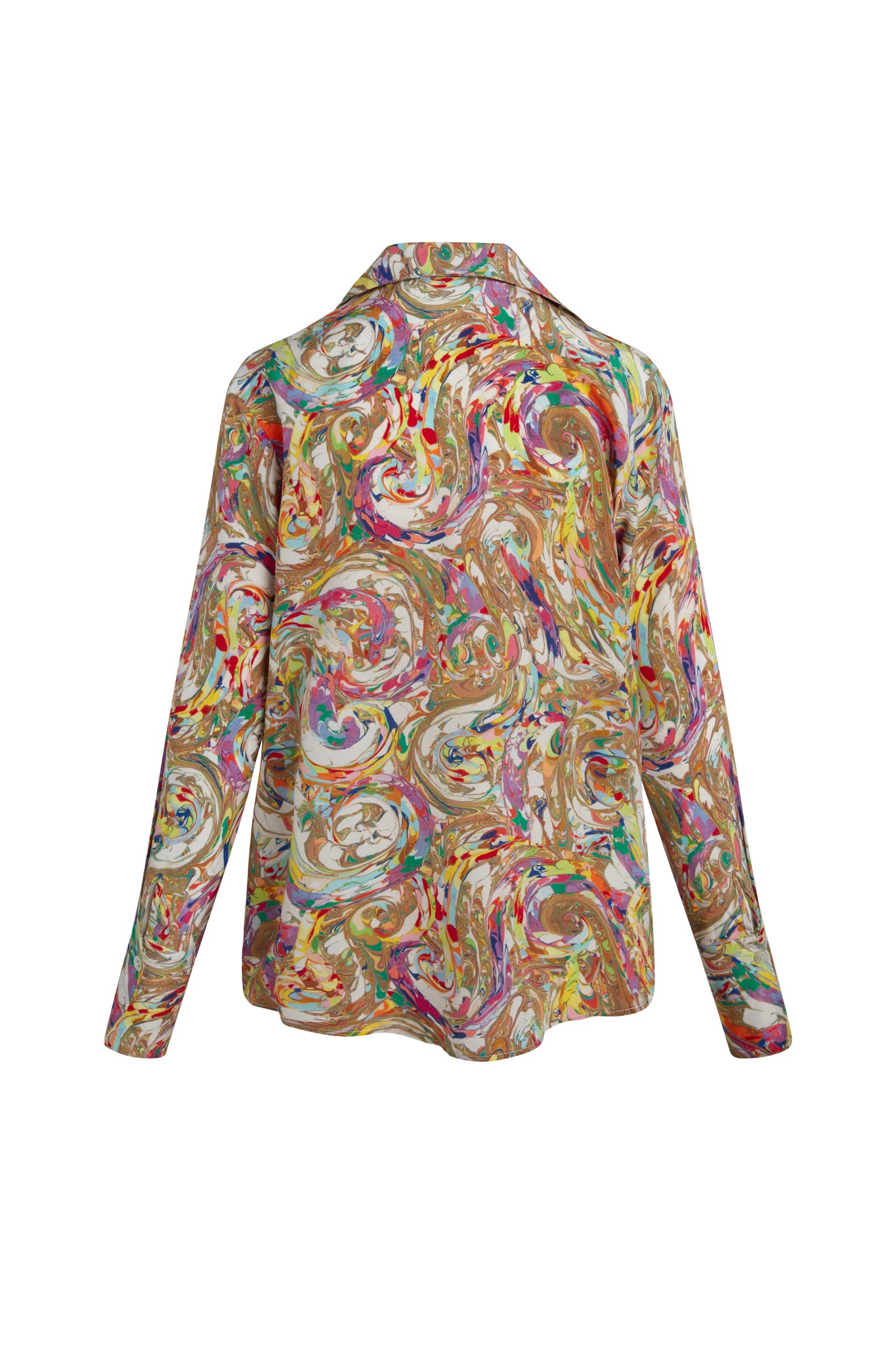 Back-view of a Catherine Gee Daria French Cuff Silk Paint Swirl blouse features a vibrant and intricate paint swirl pattern with a mix of colors including gold, red, purple, blue, and green. The design is abstract and resembles a marbled effect, giving the blouse a unique and artistic appearance, has long sleeves and a collar, with a loose and flowing fit, typical of silk fabric. The French cuffs add a touch of elegance to the overall design, making it a standout piece in any wardrobe.