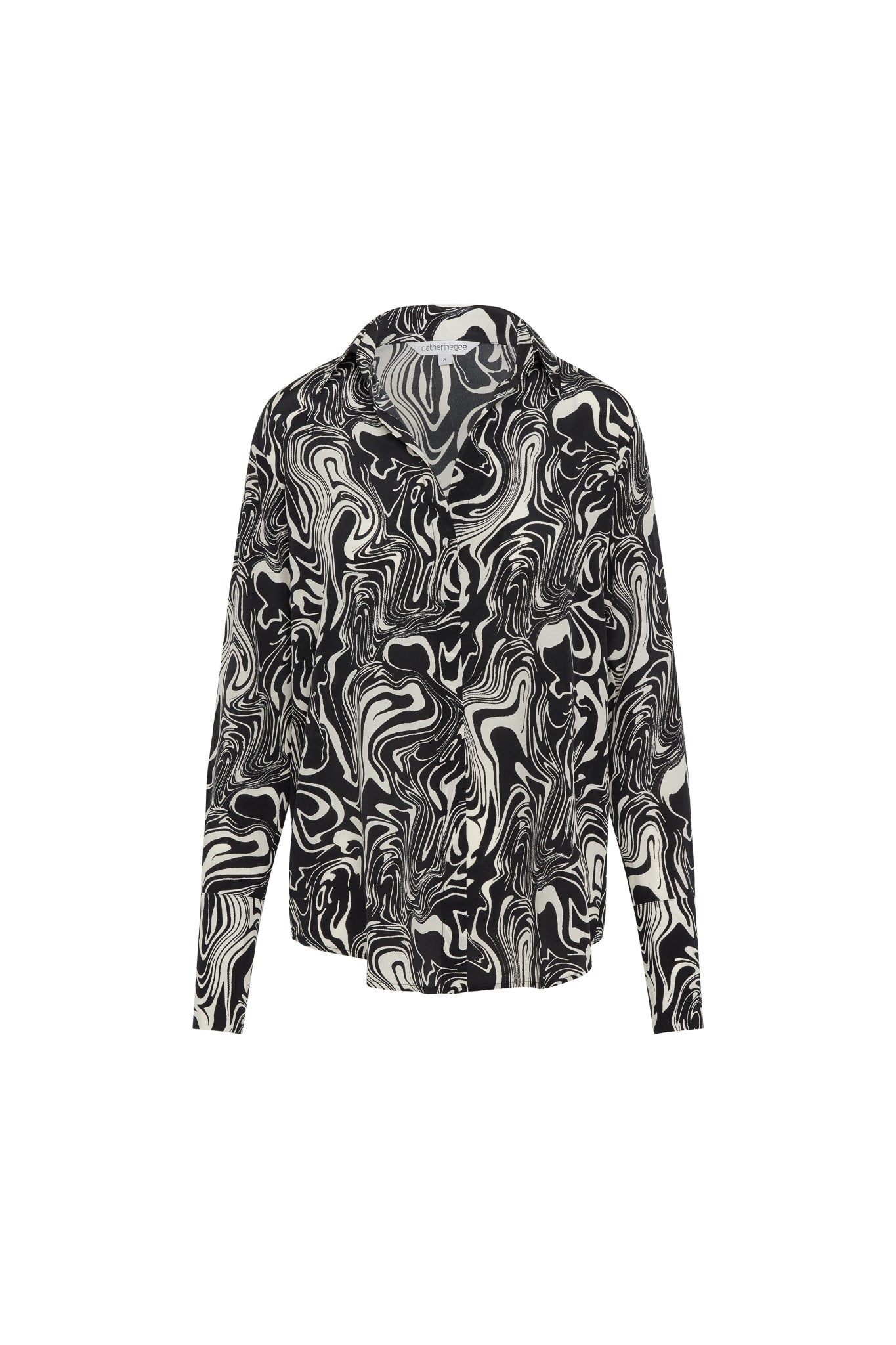 Catherine Gee Daria French Cuff Silk Blouse Dali. The blouse features a black and white abstract swirl design, long sleeves, and a collared neckline.
