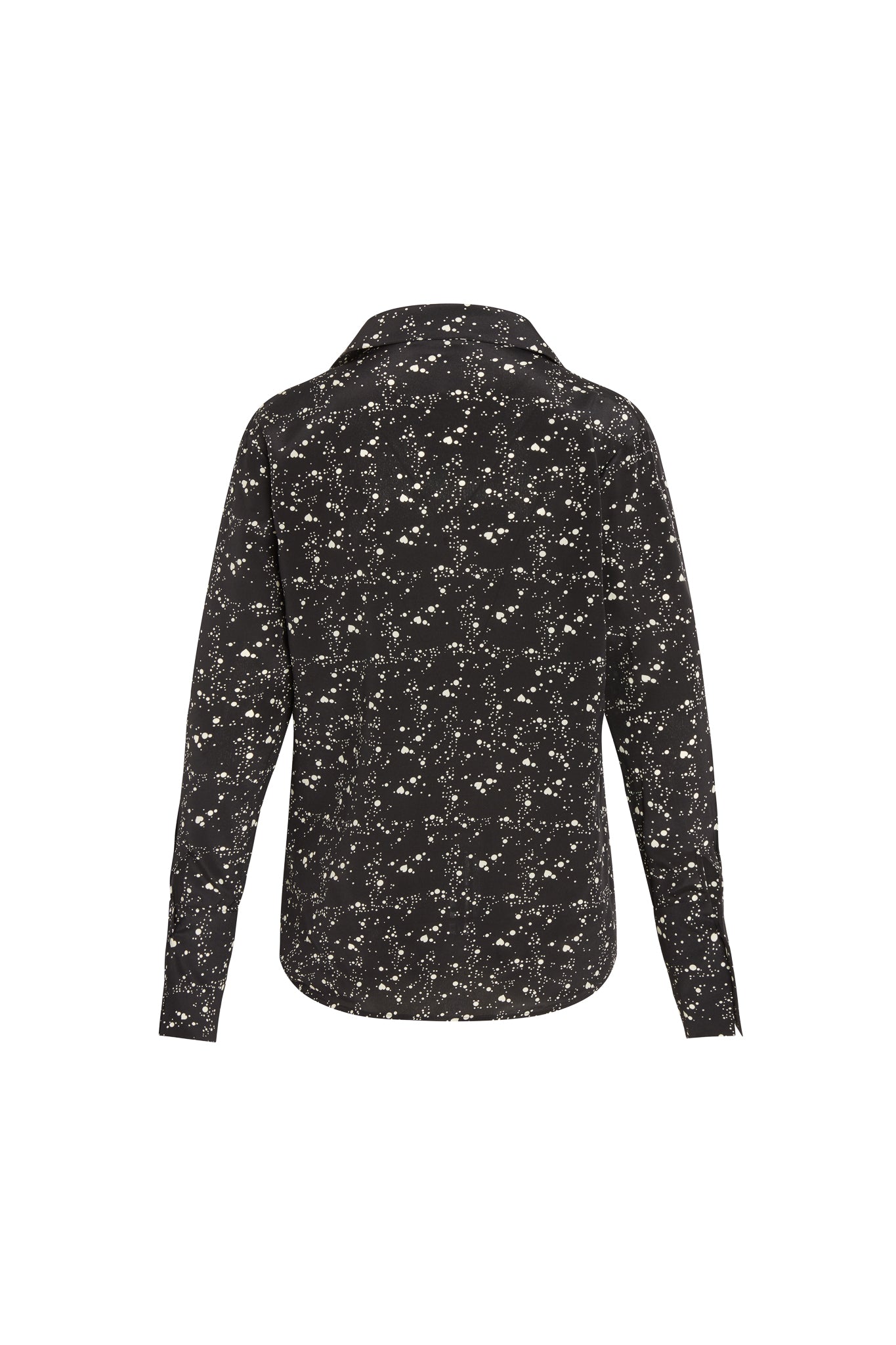Back view of a Catherine Gee Daria French Cuff Silk Blouse Dot Heart. The blouse is black with a white dot and heart pattern, featuring long sleeves and a classic collar.