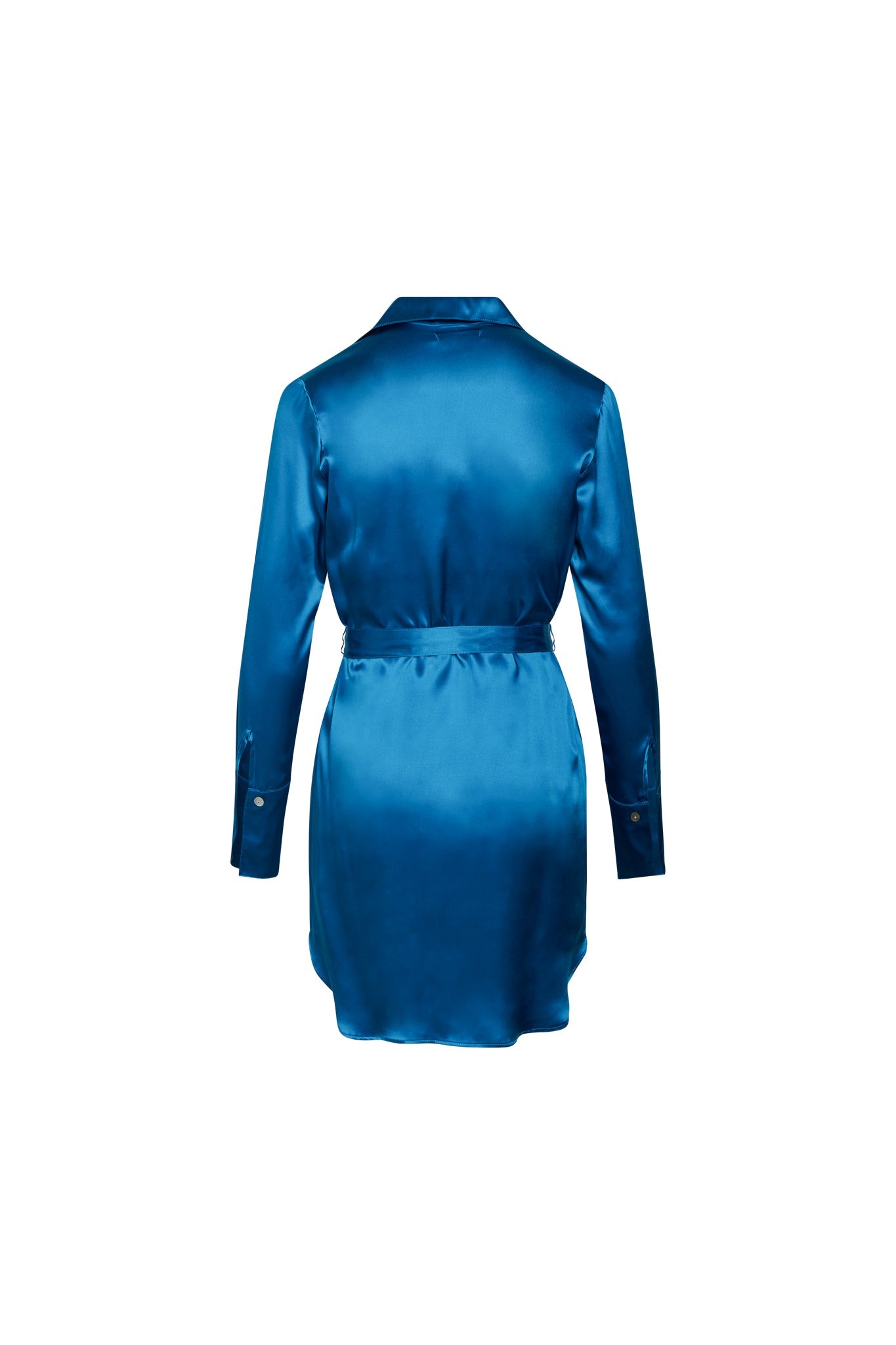 Back-view of the Catherine Gee Daria Silk Shirt Teal Dress showcases a vibrant color complemented by smooth, shiny silk fabric. It features long sleeves with buttoned cuffs, a classic collar, and a slightly curved hemline. The waist is cinched with a belt, adding definition to the silhouette. This dress exudes elegance and sophistication, making it suitable for a variety of occasions.