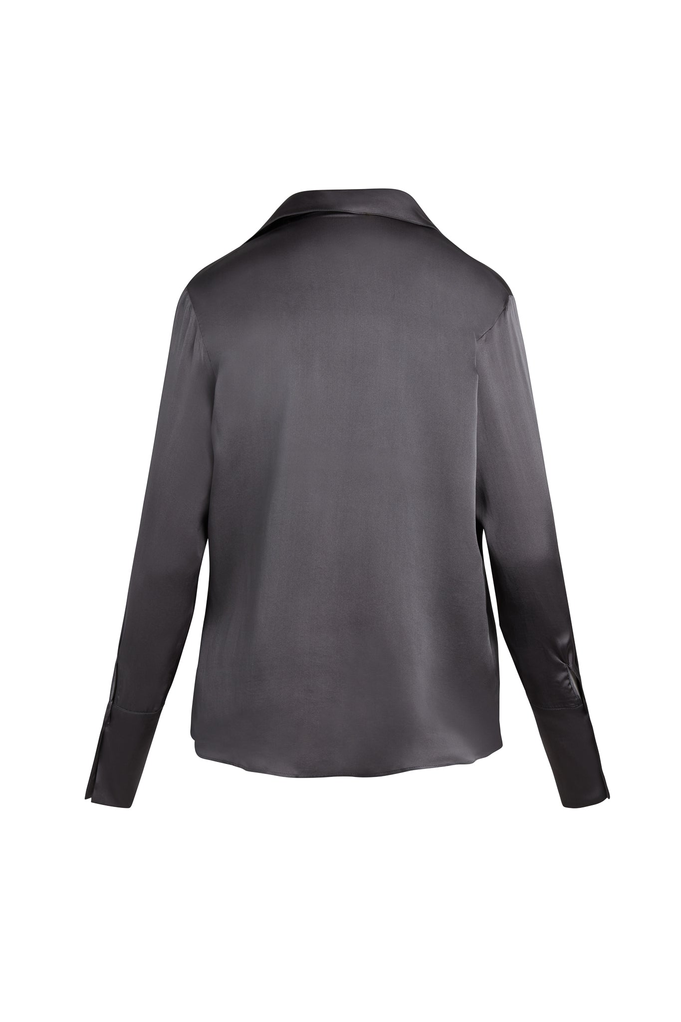 Back-view of a Catherine Gee Daria French Cuff Silk Pewter blouse is made of a smooth, shiny silk material in a pewter color, which is a dark gray with a metallic sheen. It features long sleeves with French cuffs, a classic collar, a relaxed fit, and a simple and elegant design, making it suitable for both professional and casual settings. The high-quality silk fabric adds a luxurious touch to the garment.
