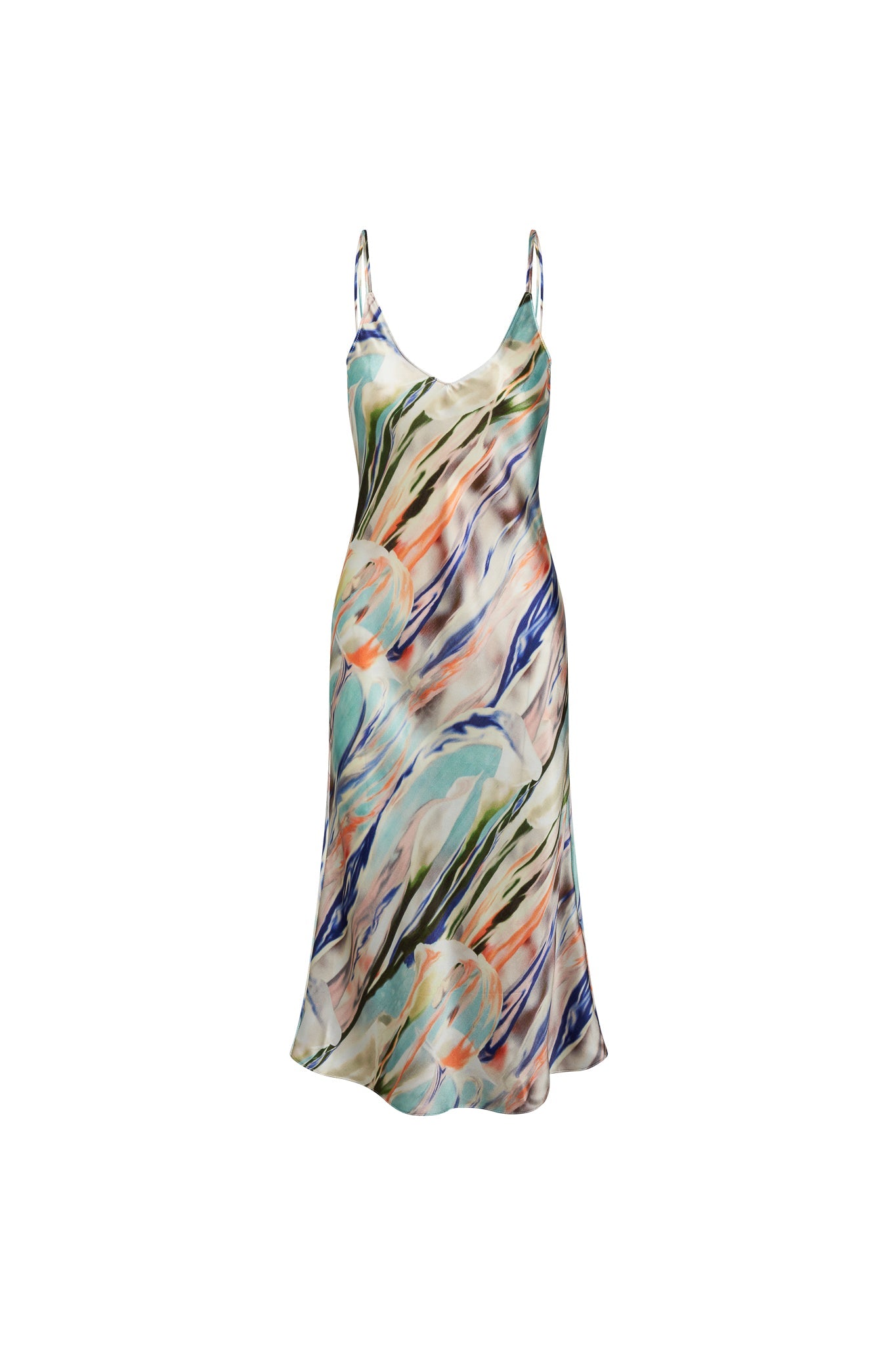 Catherine Gee Emma Abstract Orchid Slip Dress. This elegant slip dress features a vibrant abstract orchid print with a mix of colors including blue, purple, green, orange, beige, and white. The dress has a V-neckline and thin spaghetti straps, creating a sleek and sophisticated silhouette. The fabric appears to be lightweight and flowy, making it suitable for both casual and formal occasions. The artistic design and color palette make this dress visually appealing and unique.