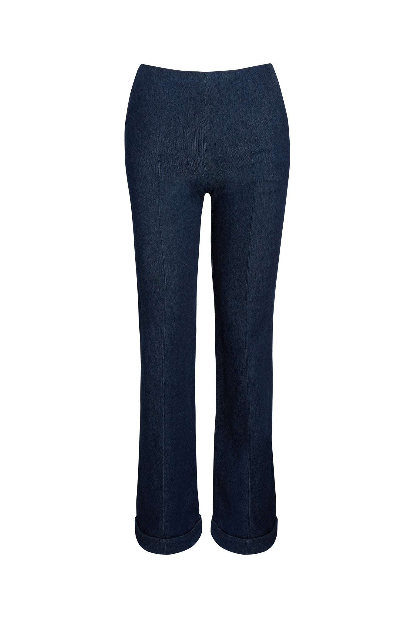 Catherine Gee Emma Tailored Indigo Denim Trouser. These trousers are made from indigo denim fabric and feature a tailored fit with a high waist. The legs are straight and slightly flared at the bottom, with a cuffed hem. The design is sleek and minimalist, with no visible pockets or embellishments, making them versatile for both casual and formal wear.
