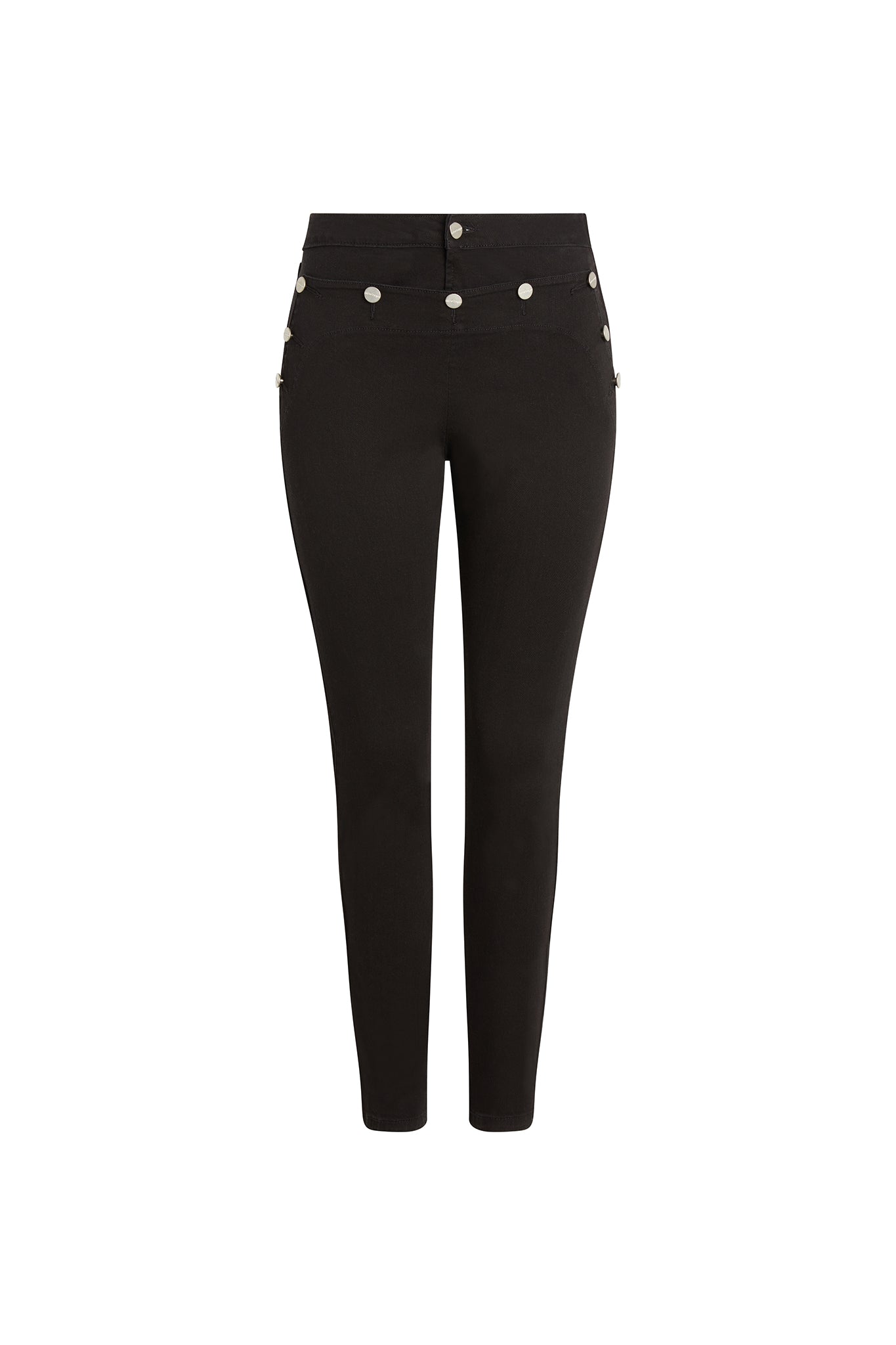Catherine Gee Josephine Nautical Skinny Pant. These high-waisted black pants feature a fitted, skinny-leg cut. The waistband is adorned with metallic buttons, arranged in a nautical-inspired style, adding a decorative and functional element. The pants have a sleek and elegant appearance, suitable for both casual and semi-formal occasions. The versatile design pairs well with various tops and accessories for a chic look.