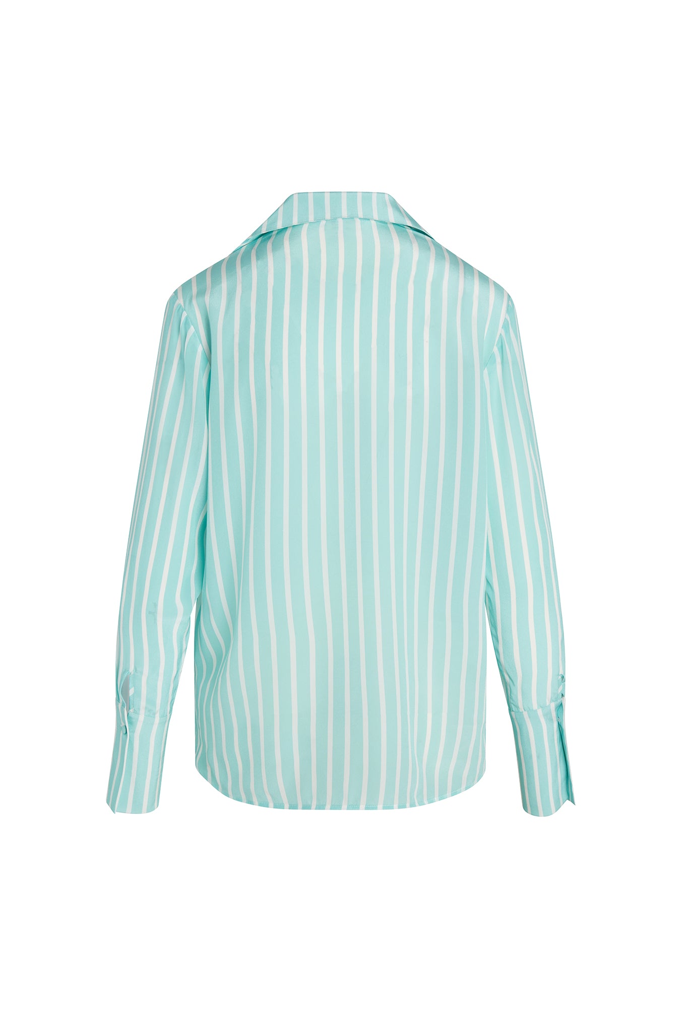 Back-view of a Catherine Gee Daria French Cuff Silk Mint Green Stripe blouse features vertical white stripes on a mint green background, long sleeves with French cuffs, and a classic collar.