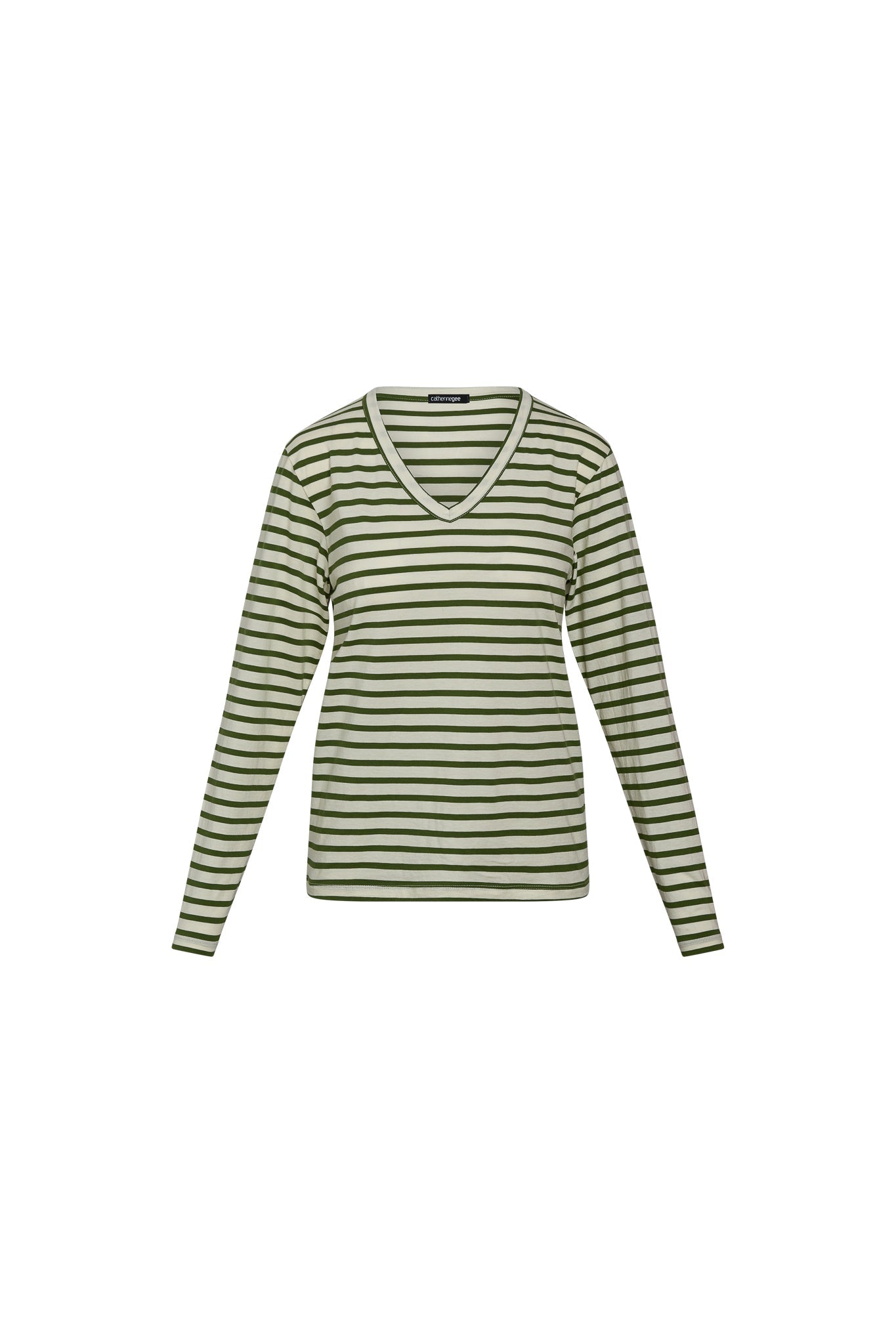 Catherine Gee Jen Relaxed Longsleeve - Green Stripe Tee. This long-sleeve shirt features a V-neck design and is adorned with horizontal green and white stripes. The relaxed fit and classic stripe pattern make it a versatile and stylish piece suitable for casual wear. The simplicity and elegance of the design highlight its timeless appeal.