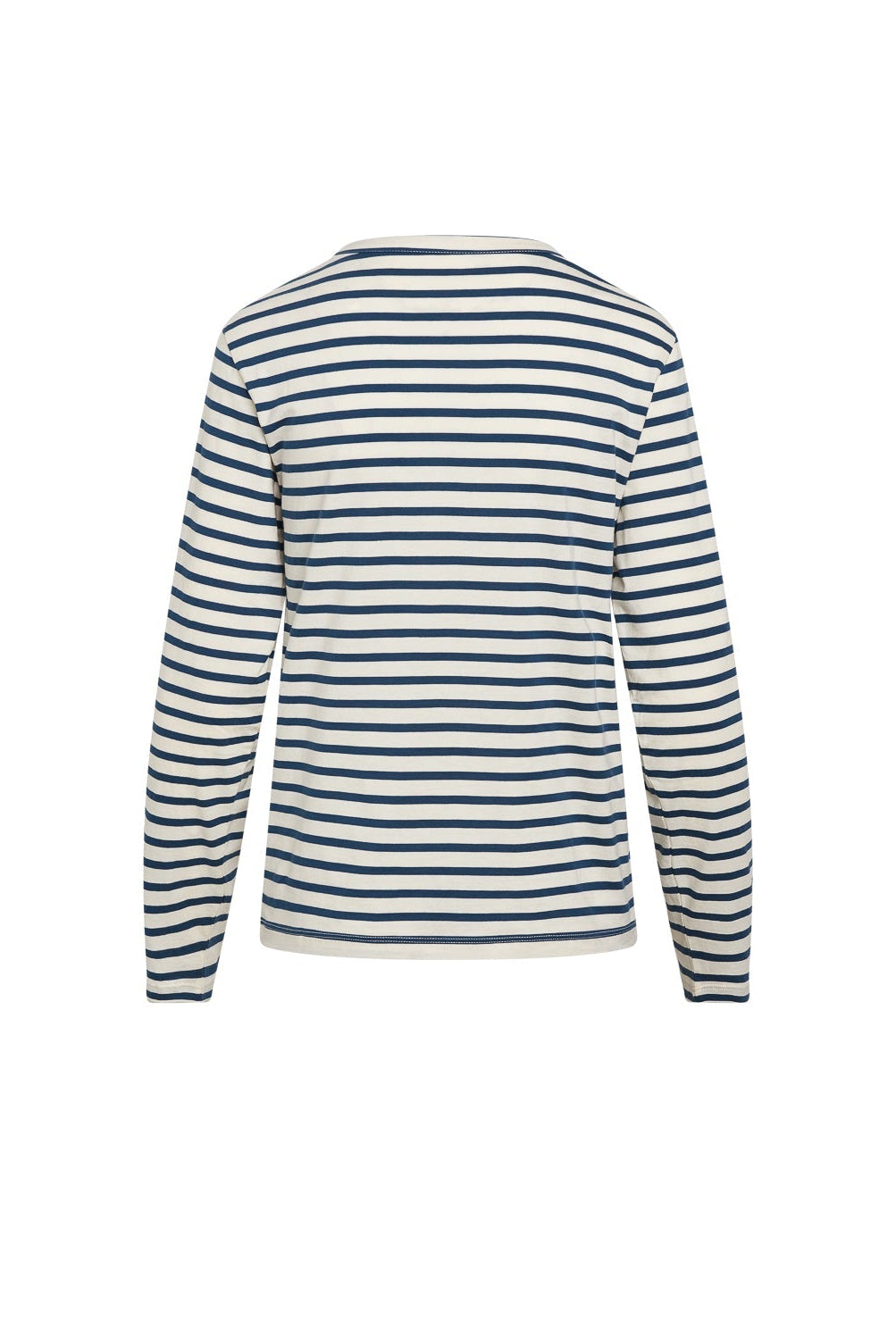 Back-view of a Catherine Gee Jen Relaxed Longsleeve - Navy Stripe Tee. The shirt features a classic navy and white horizontal stripe pattern, with long sleeves and a relaxed fit. The neckline is a simple crew neck, and the overall design is casual and timeless, making it a versatile piece for various outfits. The stripes are evenly spaced, contributing to a clean and stylish look.