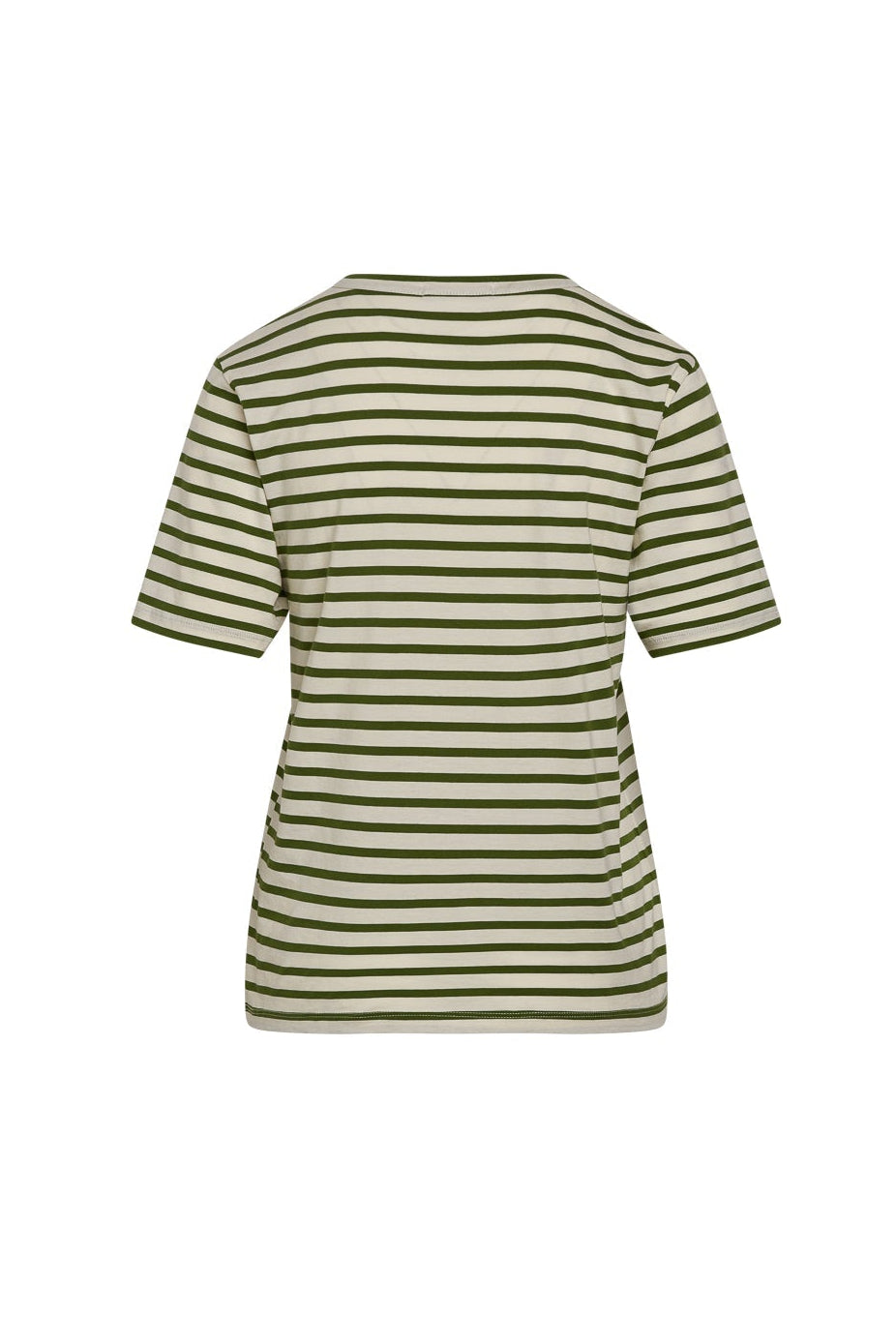 Back-view of a Catherine Gee Jen Relaxed Shortsleeve - Green Stripe Tee. The tee features horizontal green and white stripes, short sleeves, and a relaxed fit. The stripes are evenly spaced, creating a classic and casual look. The fabric appears soft and comfortable, making it suitable for everyday wear. The simplicity and timeless design of the tee make it a versatile addition to any wardrobe.