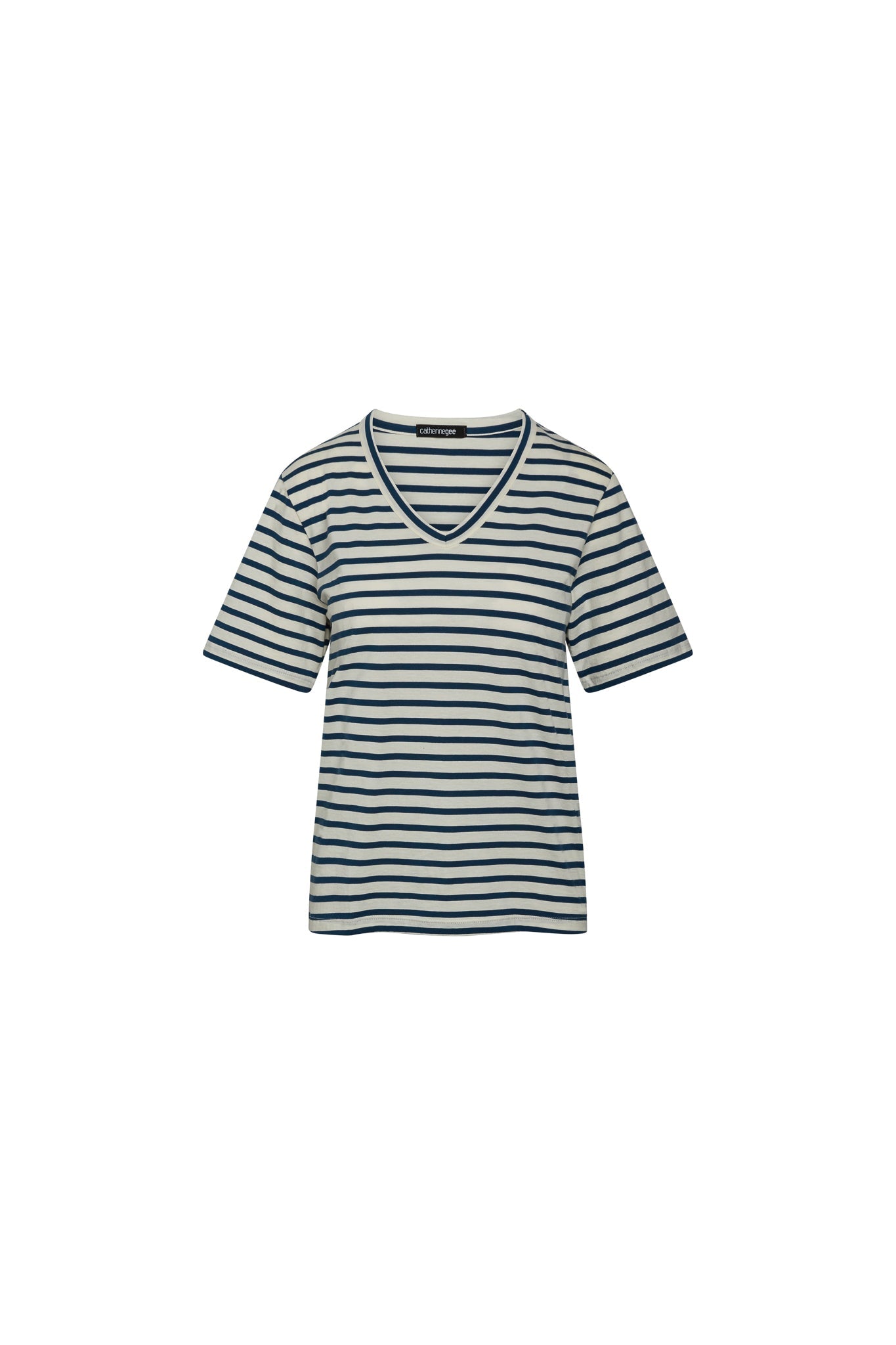 Catherine Gee Jen Relaxed Shortsleeve - Navy Stripe tee features a classic V-neck design with short sleeves. The pattern consists of horizontal navy stripes on a white background, giving it a timeless and versatile look. The relaxed fit makes it comfortable for casual wear, and the high-quality fabric ensures durability and style.