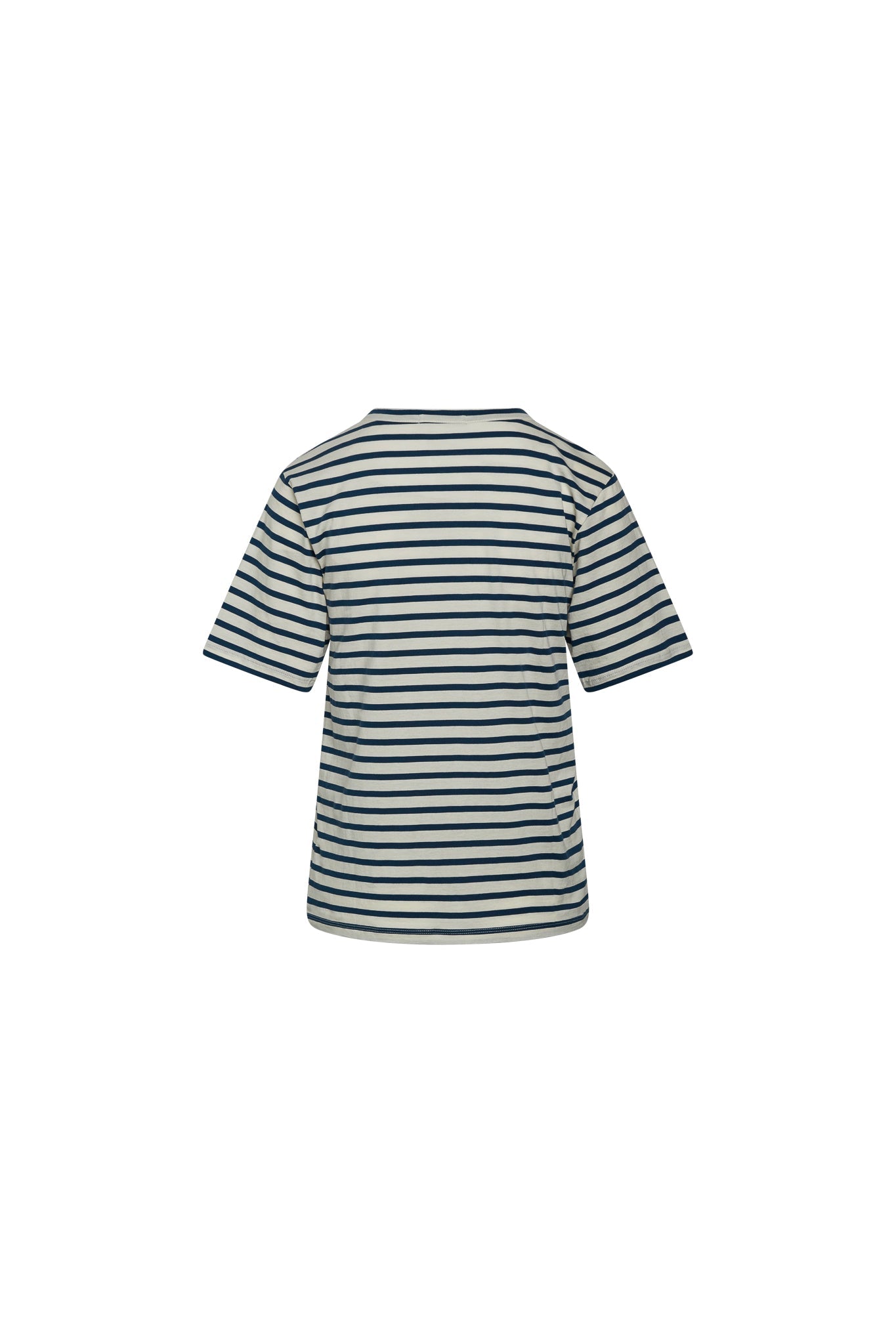 Back-view of a Catherine Gee Jen Relaxed Shortsleeve - Navy Stripe Tee. The tee features a classic navy and white horizontal stripe pattern. The sleeves are short, and the fit appears to be relaxed, providing a casual and comfortable look. The neckline is round, and the overall design is simple yet stylish, making it a versatile piece for various casual outfits.