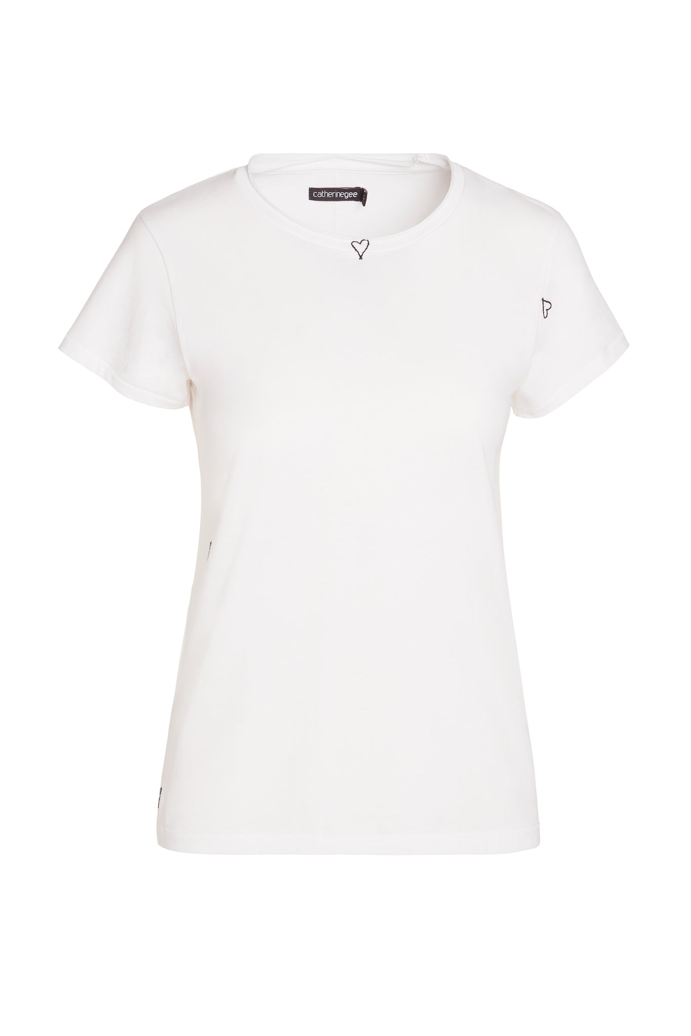 Catherine Gee Embroidered Cotton Heart white t-shirt features a simple yet elegant design with small embroidered heart motifs scattered across the fabric. The shirt has a classic crew neck and short sleeves, offering a versatile piece for casual wear, minimalistic heart embroidery adds a subtle touch of charm and uniqueness, making it perfect for any wardrobe.