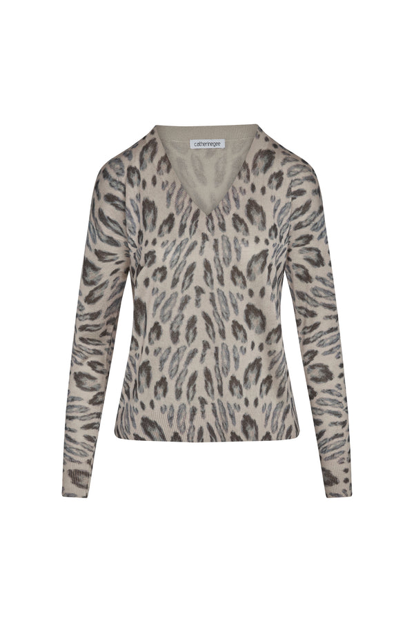 V-Neck Silk Cashmere Sweater - New Leopard