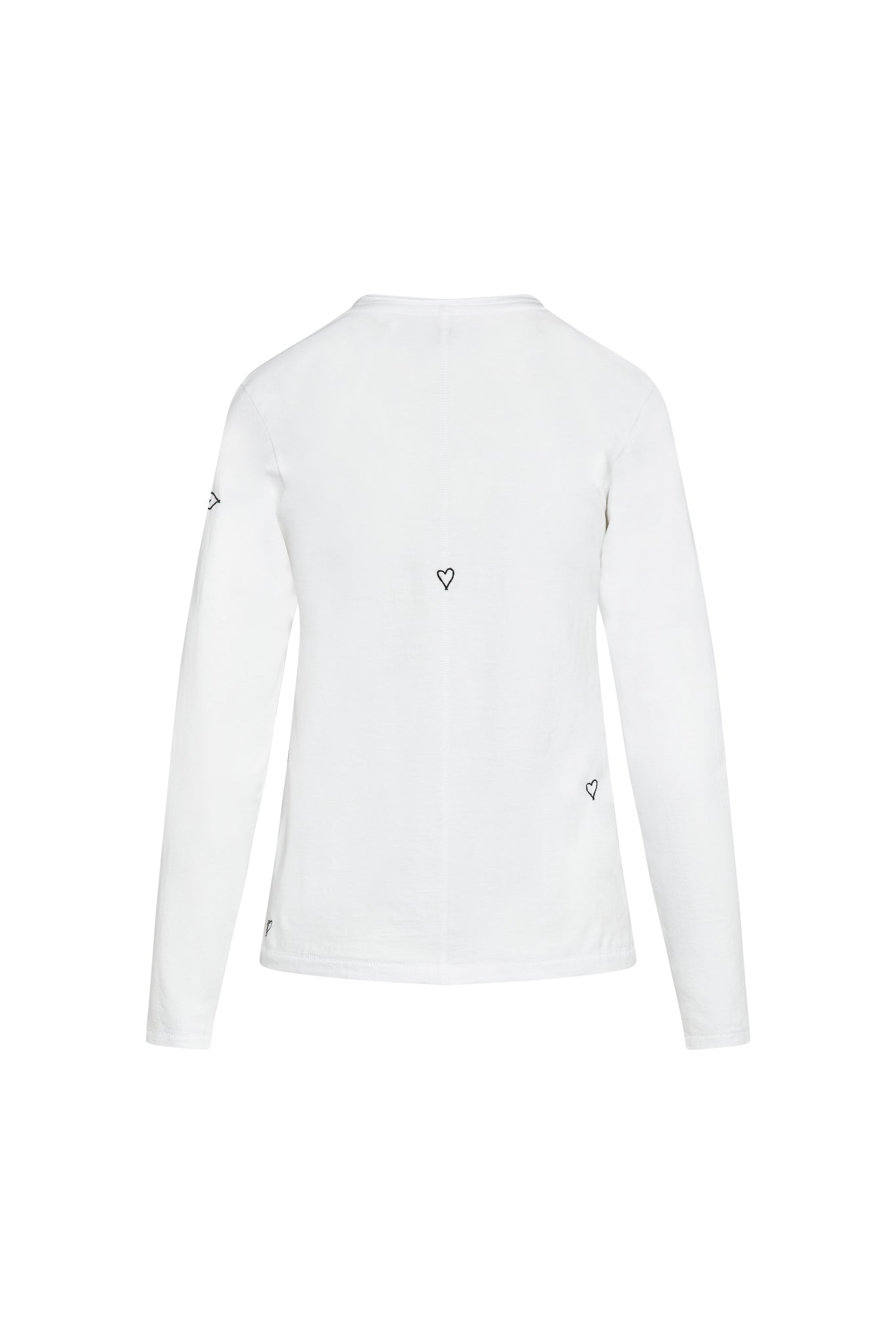 Back-view of a Catherine Gee Embroidered Cotton white Long Sleeve Heart T-Shirt features small, black heart-shaped embroidery details. There are three visible heart embroideries: one in the center of the back, one on the left sleeve, and one on the lower right side of the shirt, has a simple, clean design with a round neckline and long sleeves, making it a versatile and stylish piece.
