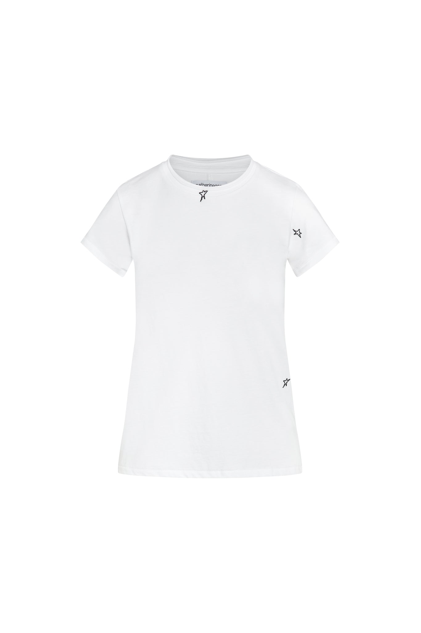 Catherine Gee Embroidered Cotton Star white t-shirt features a simple yet elegant design with small, black embroidered star motifs. The stars are placed on the left chest, right sleeve, and lower left side of the shirt. The t-shirt has a classic crew neck and short sleeves, making it a versatile and stylish addition to any wardrobe. The minimalist design and high-quality cotton material highlight the brand's attention to detail and craftsmanship.