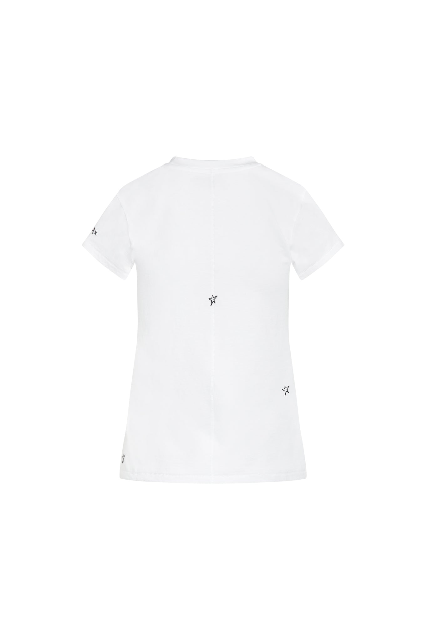 Back-view of a Catherine Gee Embroidered Cotton Star white t-shirt with short sleeves and features small black embroidered star designs scattered across the back and sleeves. The t-shirt has a simple, clean design with a central seam running vertically down the back. The scattered star embroidery adds a subtle decorative element to make it both stylish and unique.