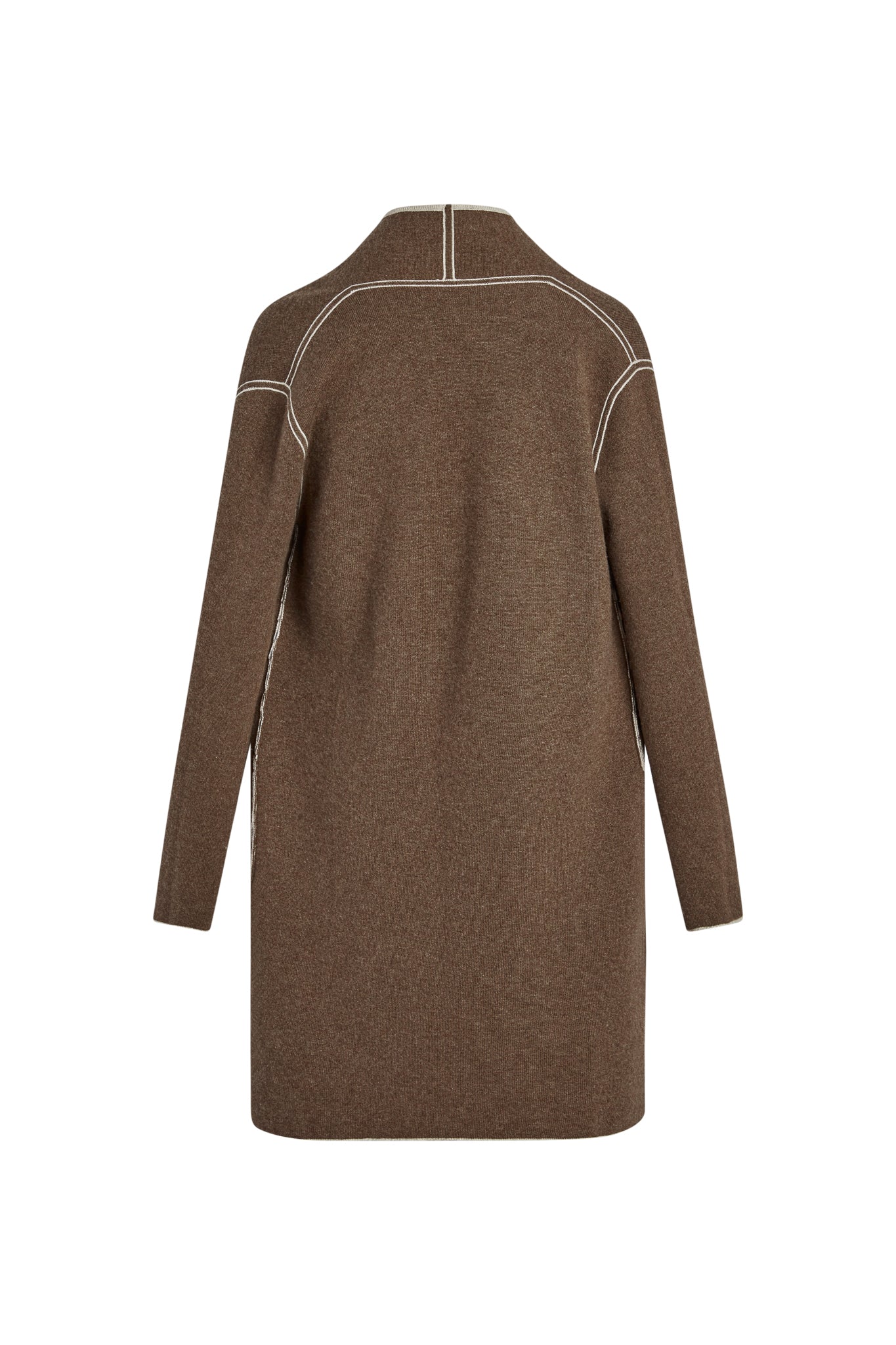 Back-view of a Catherine Gee Double Face Cashmere Reversible New Leopard Coat. The coat is brown with white stitching along the seams, giving it a structured look. The material appears soft and luxurious, indicative of high-quality cashmere, and has a simple, elegant design with long sleeves and a straight cut, making it versatile for various occasions. The reversible feature adds practicality and style, allowing for different looks with one garment.