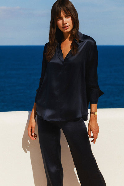 Daria French Cuff Silk Blouse - Midnight Navy