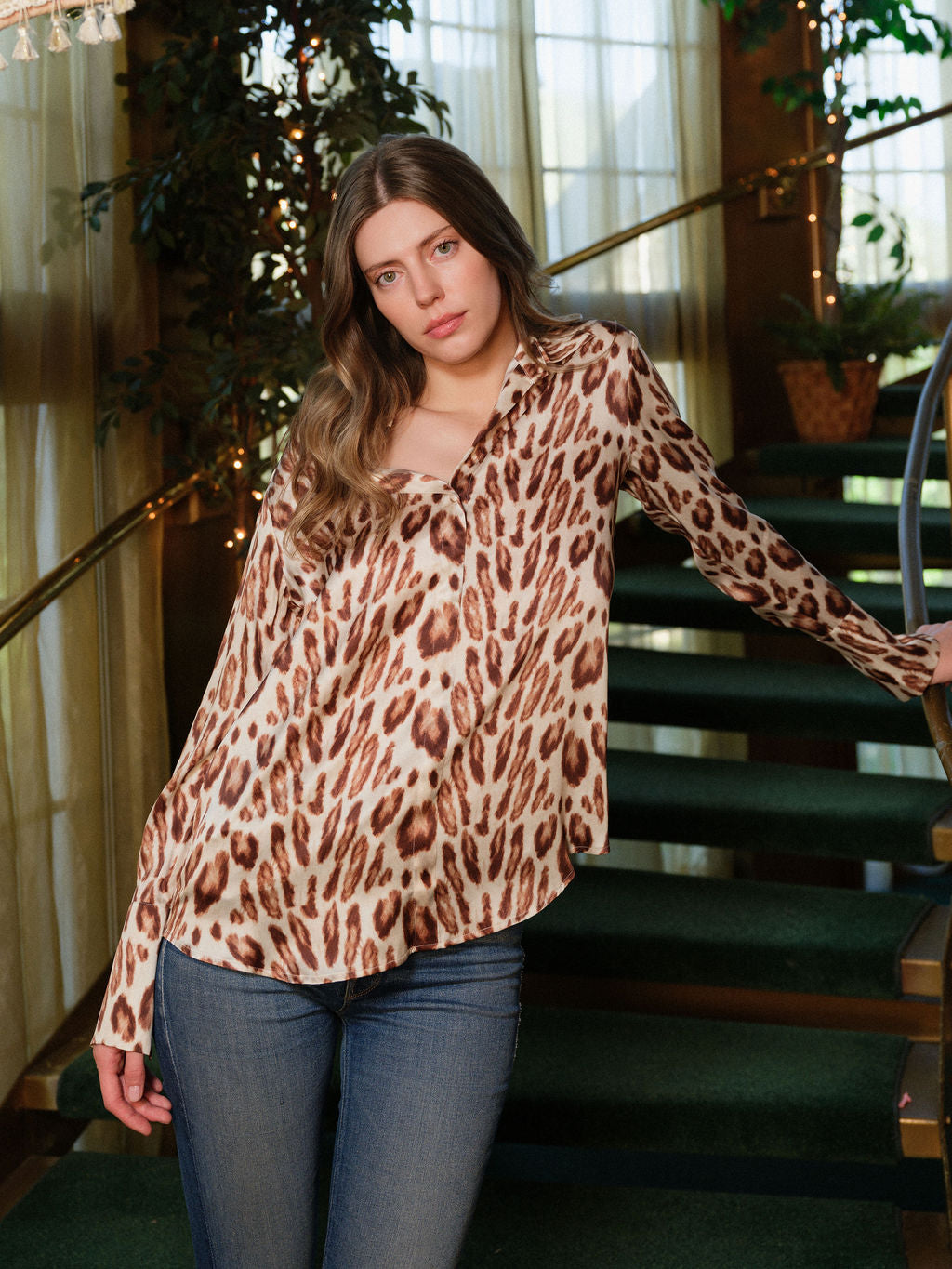 Daria French Cuff Silk Blouse - Oat Leopard