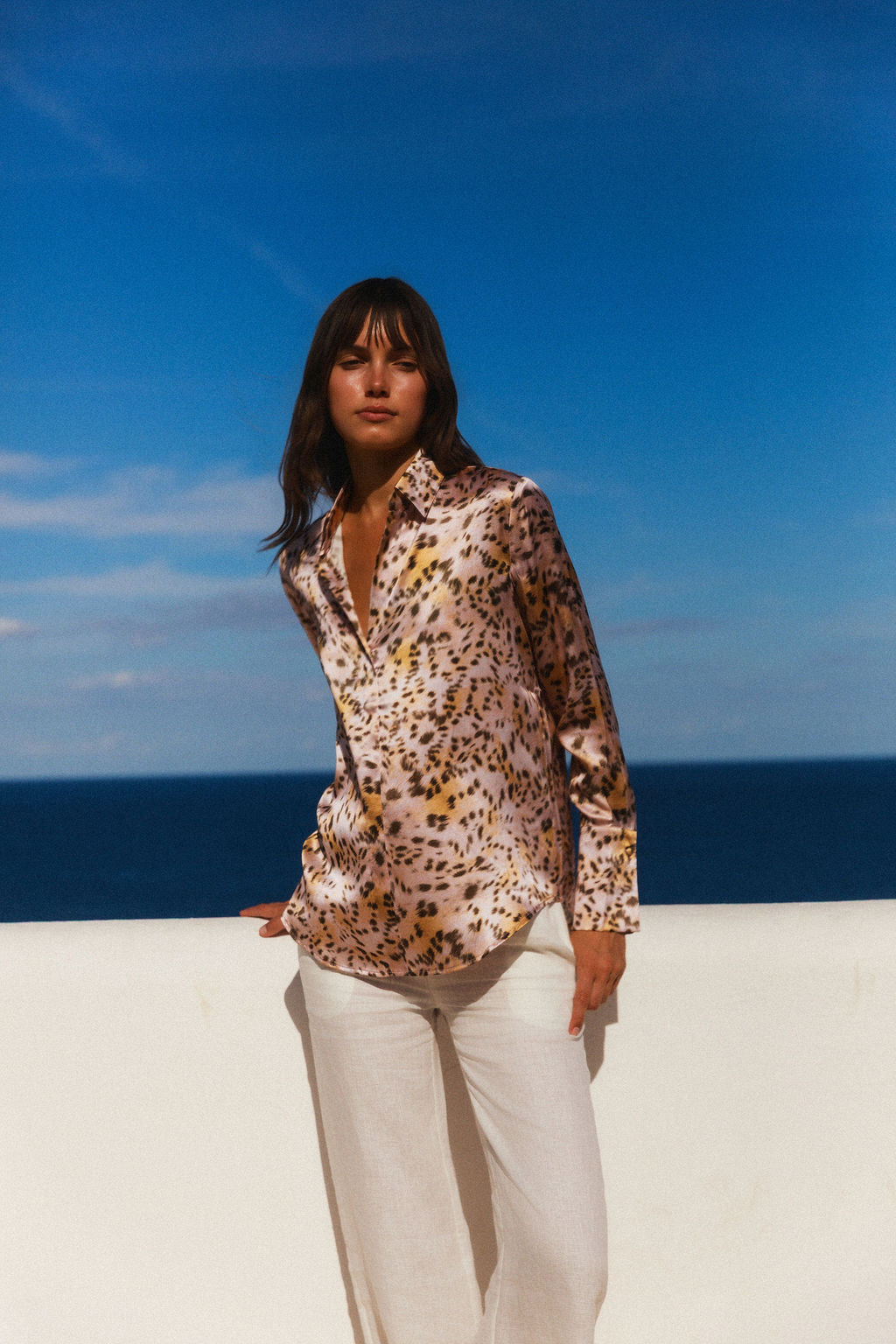 Daria French Cuff Silk Blouse - Blush Leopard