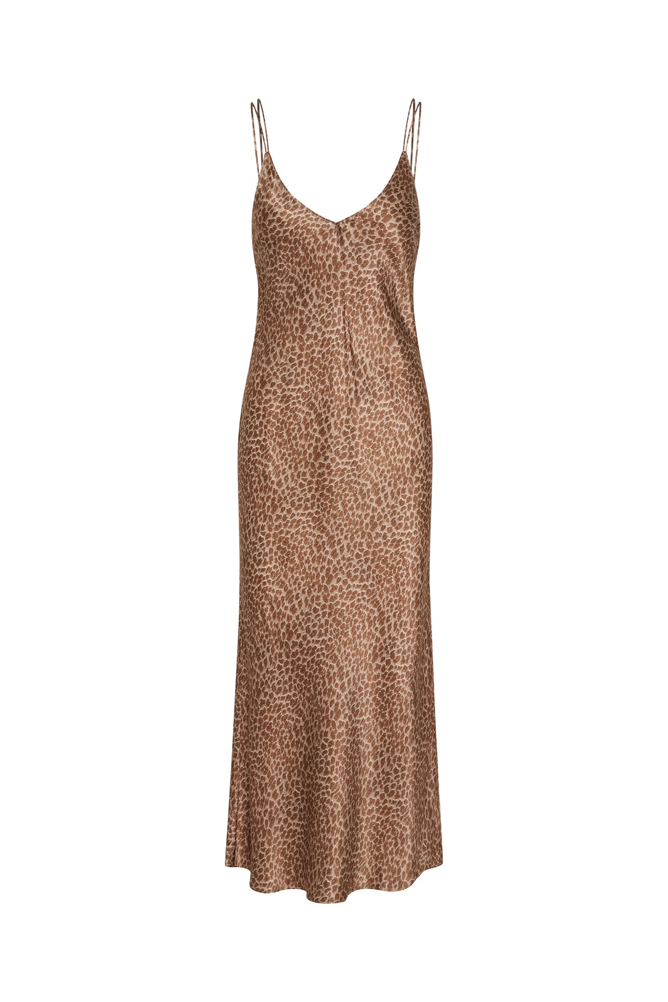 Catherine Gee Emma Elegant Leopard Slip Dress. This dress features a sleek leopard print pattern in shades of brown and beige. It has a form-fitting silhouette with a V-neckline and thin spaghetti straps. The dress falls to a midi length, exuding elegance and sophistication. The fabric appears to be lightweight and silky, enhancing the luxurious feel of the dress.