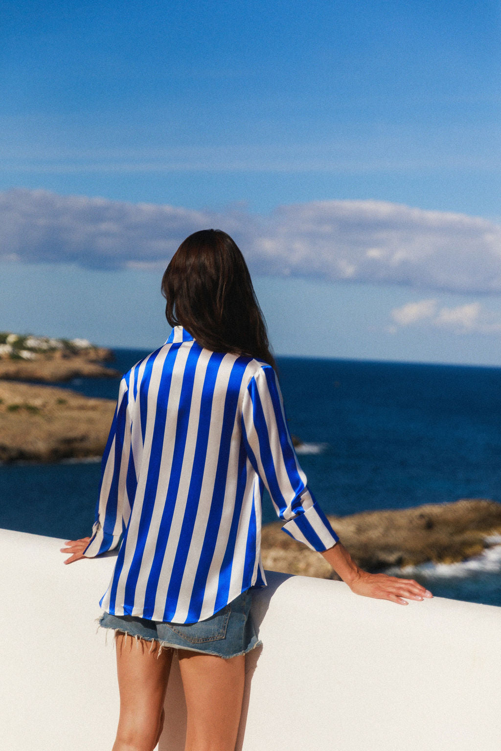 Daria French Cuff Silk Blouse - Blue Stripe
