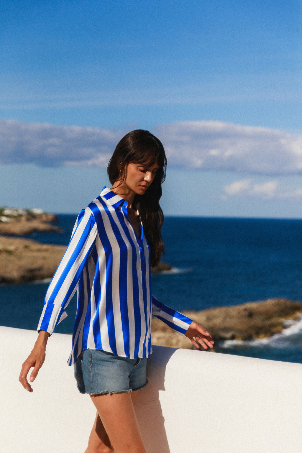 Daria French Cuff Silk Blouse - Blue Stripe