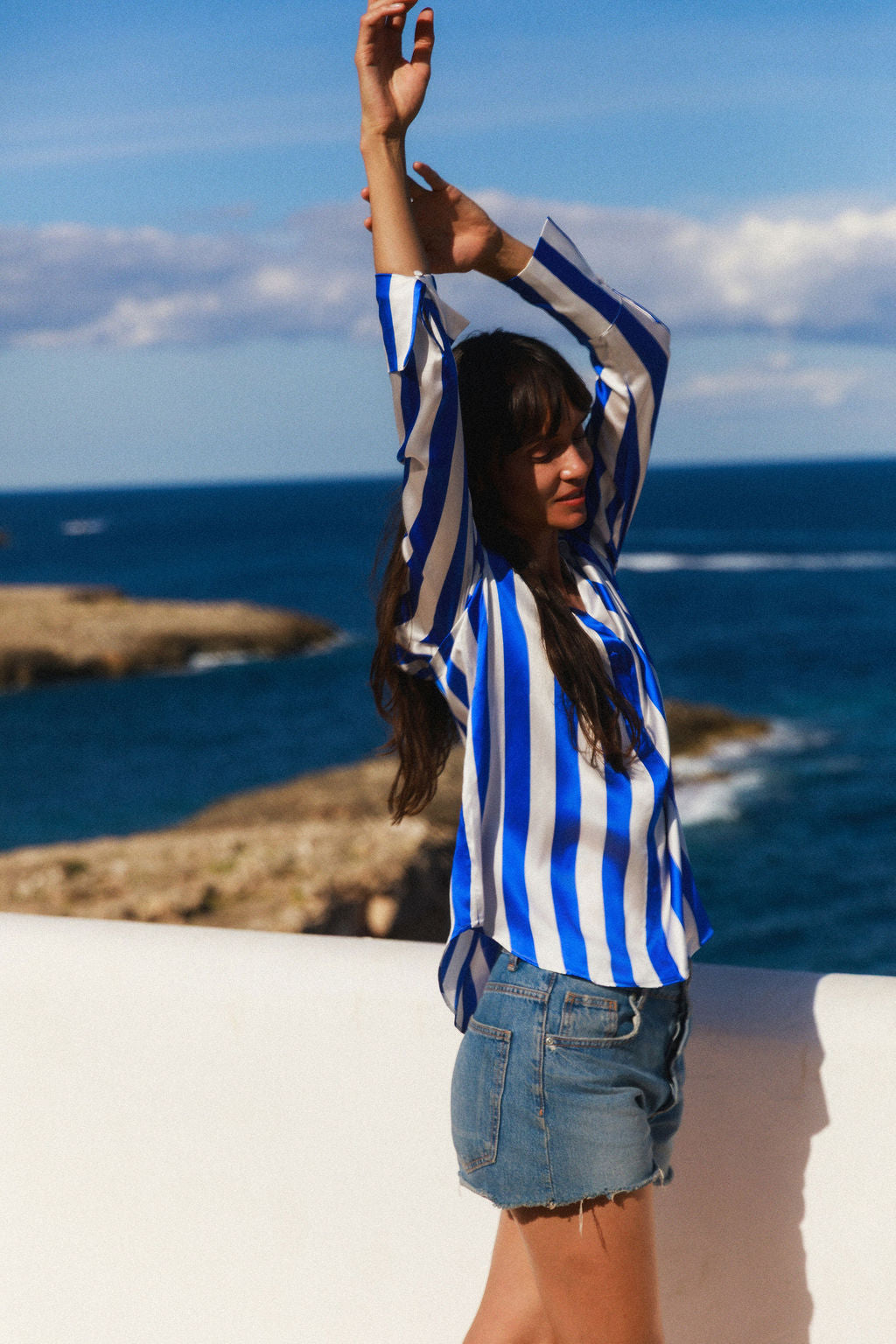Daria French Cuff Silk Blouse - Blue Stripe