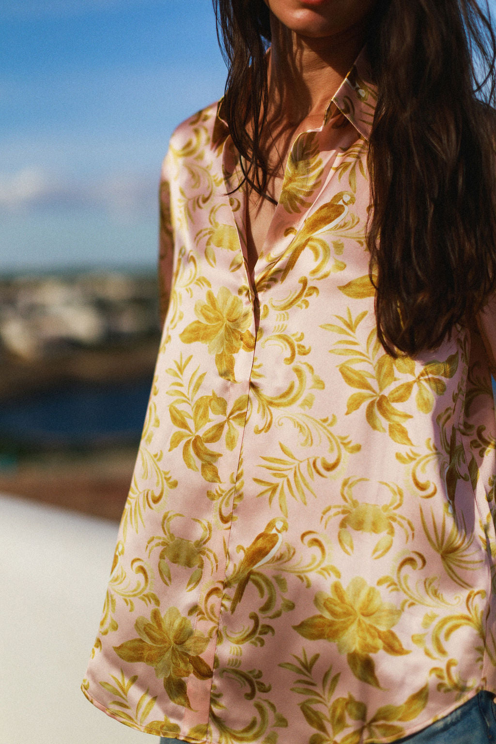 Daria French Cuff Silk Blouse - Island Motif