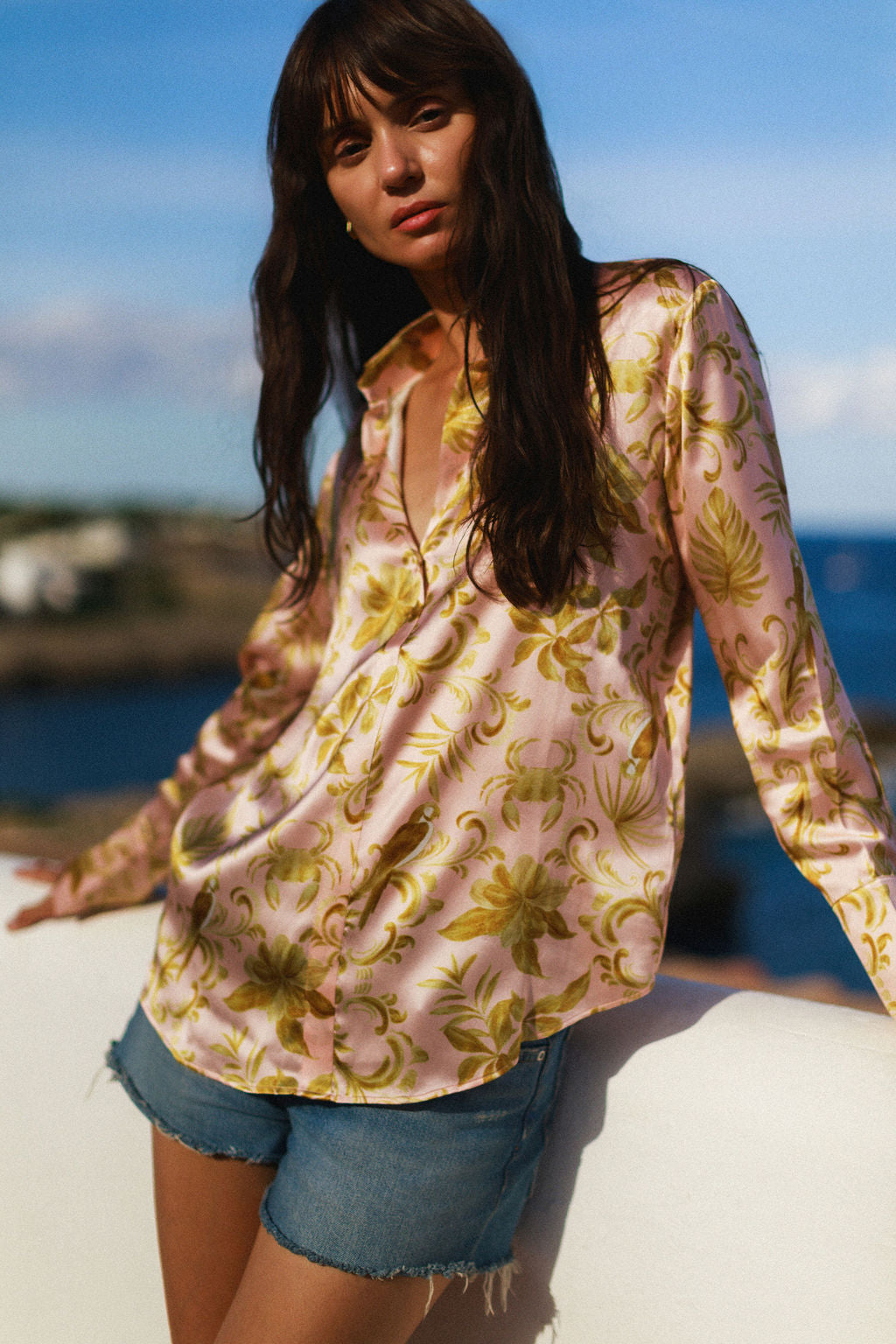 Daria French Cuff Silk Blouse - Island Motif