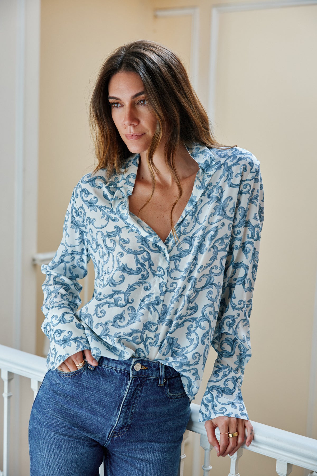 Daria French Cuff Silk Blouse - Azulejo