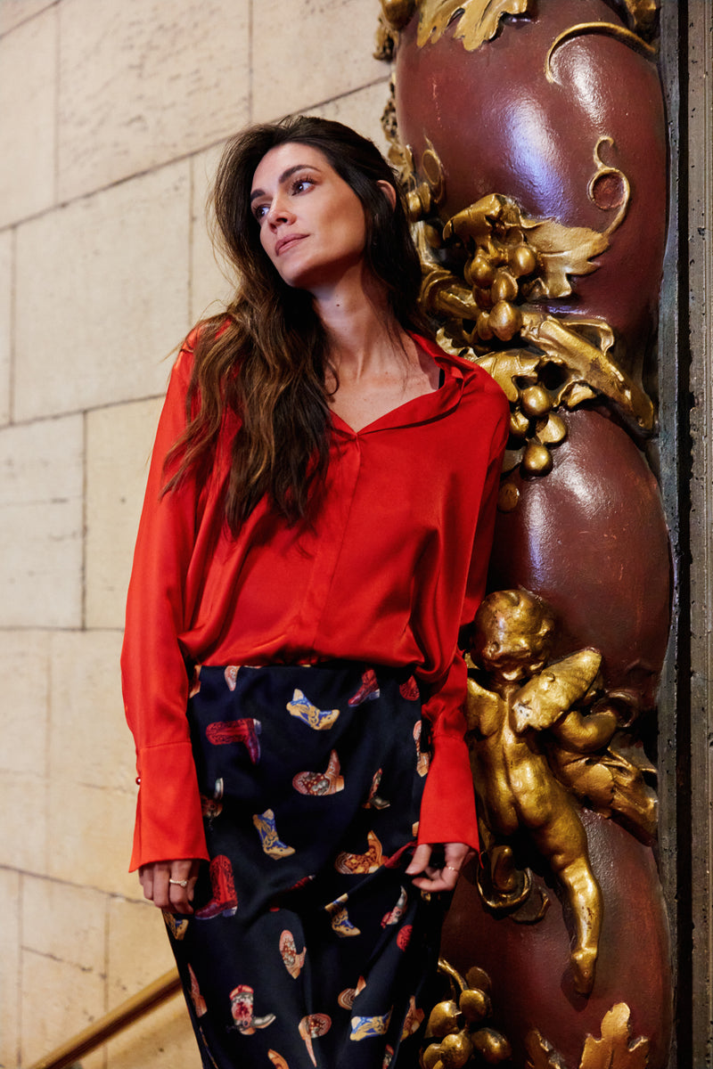 Daria French Cuff Silk Blouse - Toreador