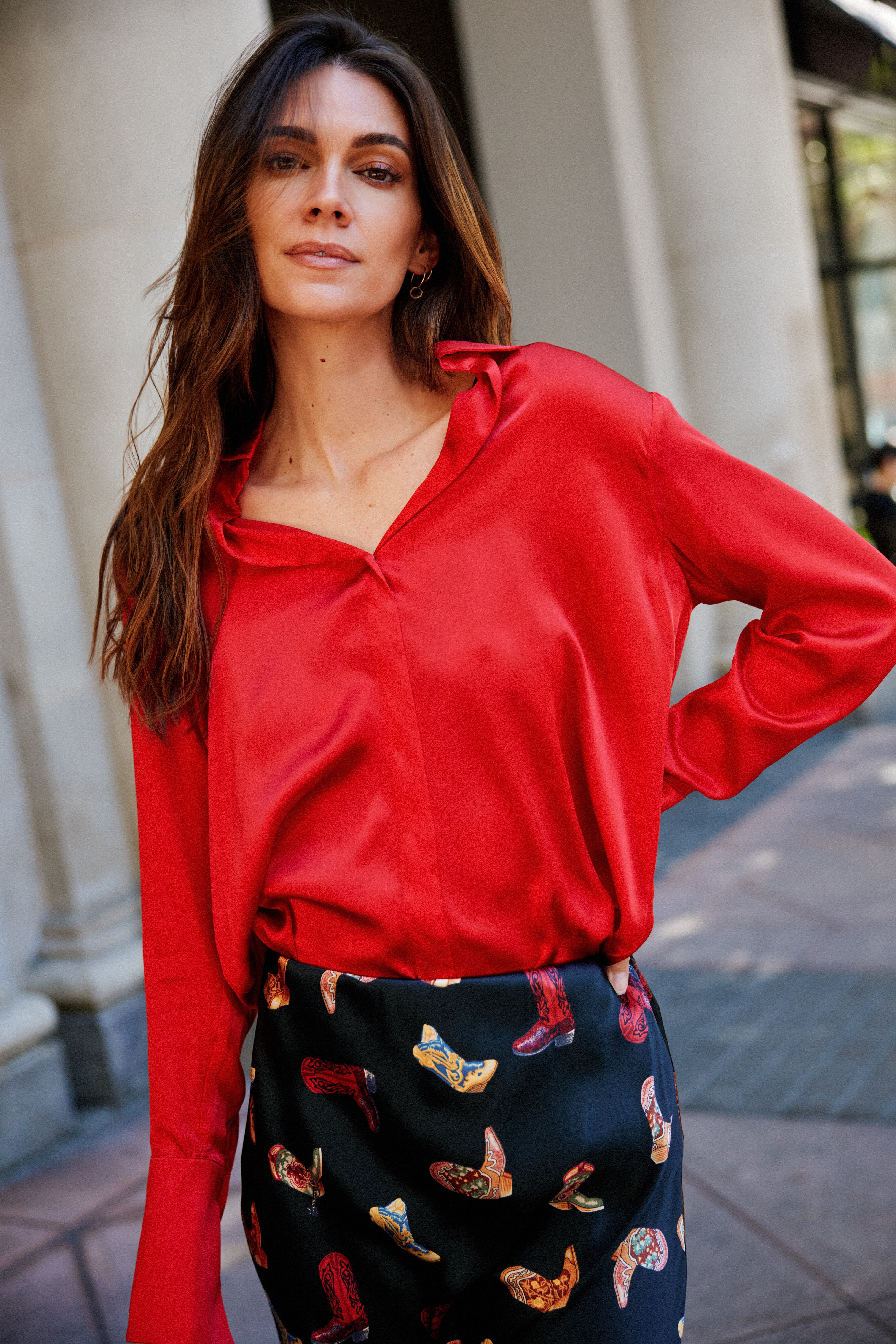 Daria French Cuff Silk Blouse - Toreador