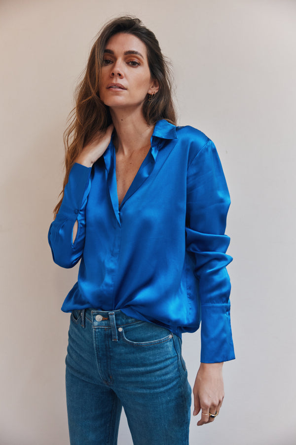 Daria French Cuff Silk Blouse - Lapis Blue