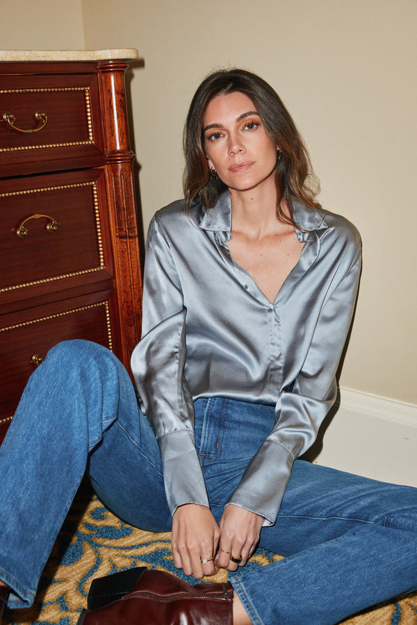 Daria French Cuff Silk Blouse - Sharkskin