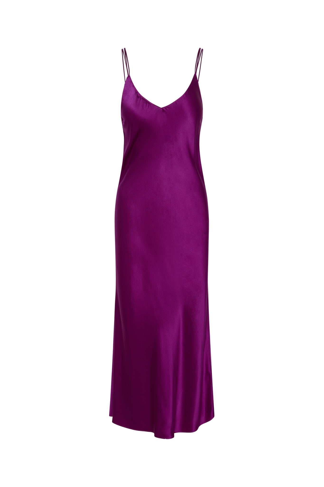 Catherine Gee Emma Electric Orchid Slip dress features a vibrant electric orchid color and is designed with a sleek, minimalist silhouette. It has thin double spaghetti straps and a V-neckline, creating a sophisticated and timeless look. The fabric appears to be smooth and silky, draping gracefully to a midi length. This dress is ideal for formal occasions or evening events, offering a blend of simplicity and luxury.